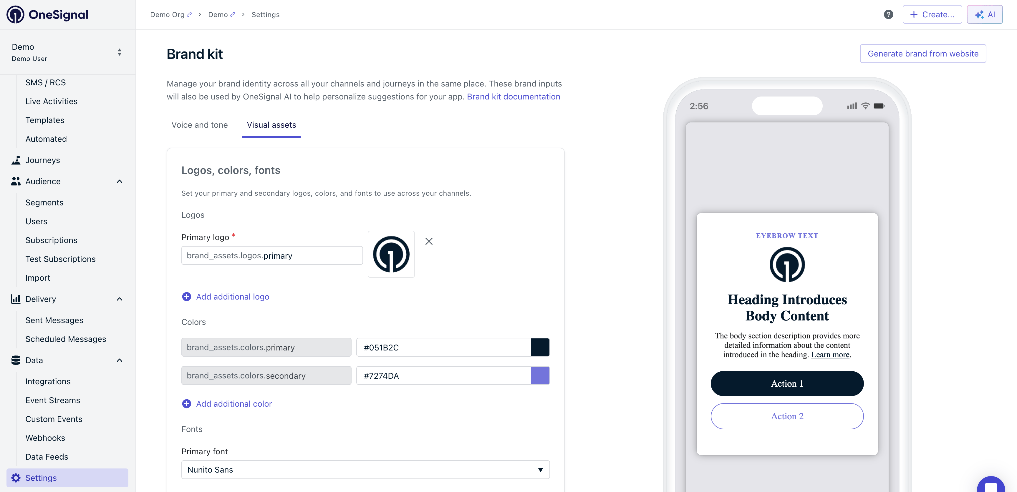 Brand Kit settings page showing the Voice and Tone and Visual Assets tabs