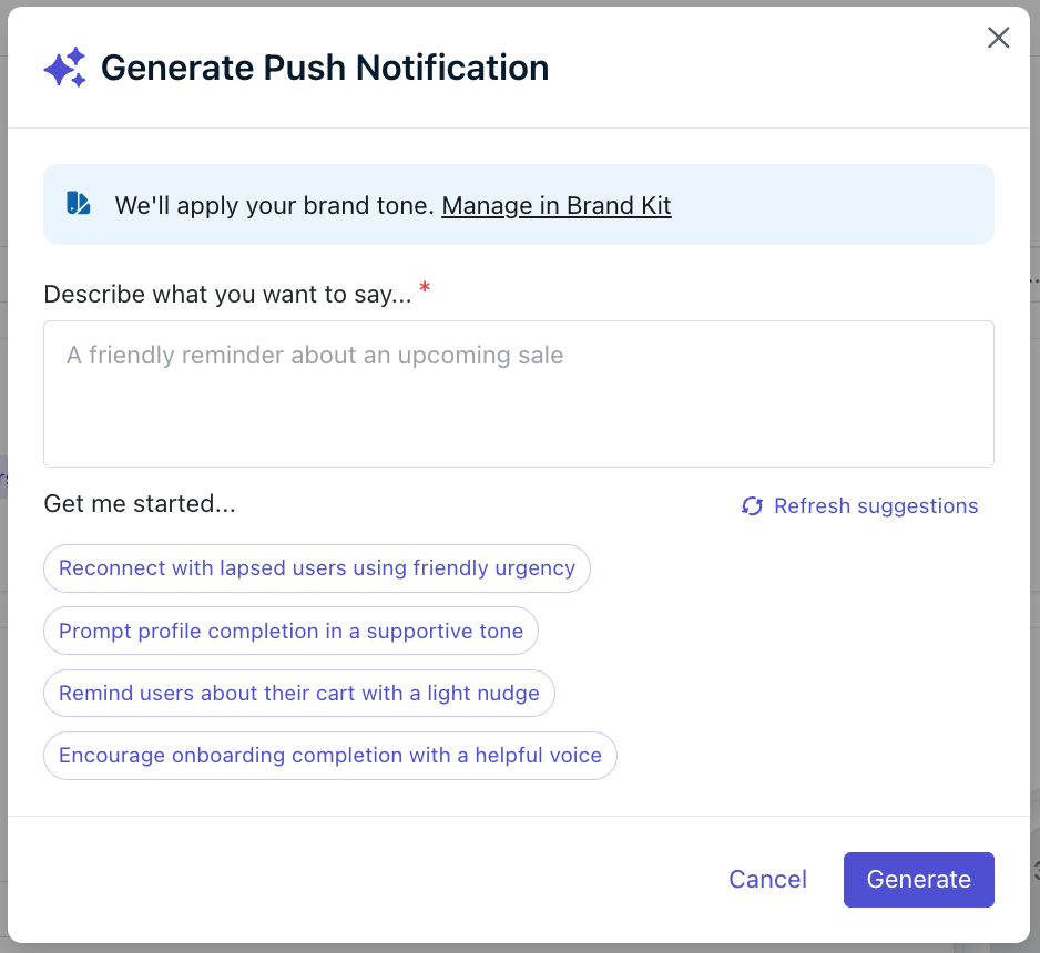 AI Compose panel showing brand tone applied to a push notification draft
