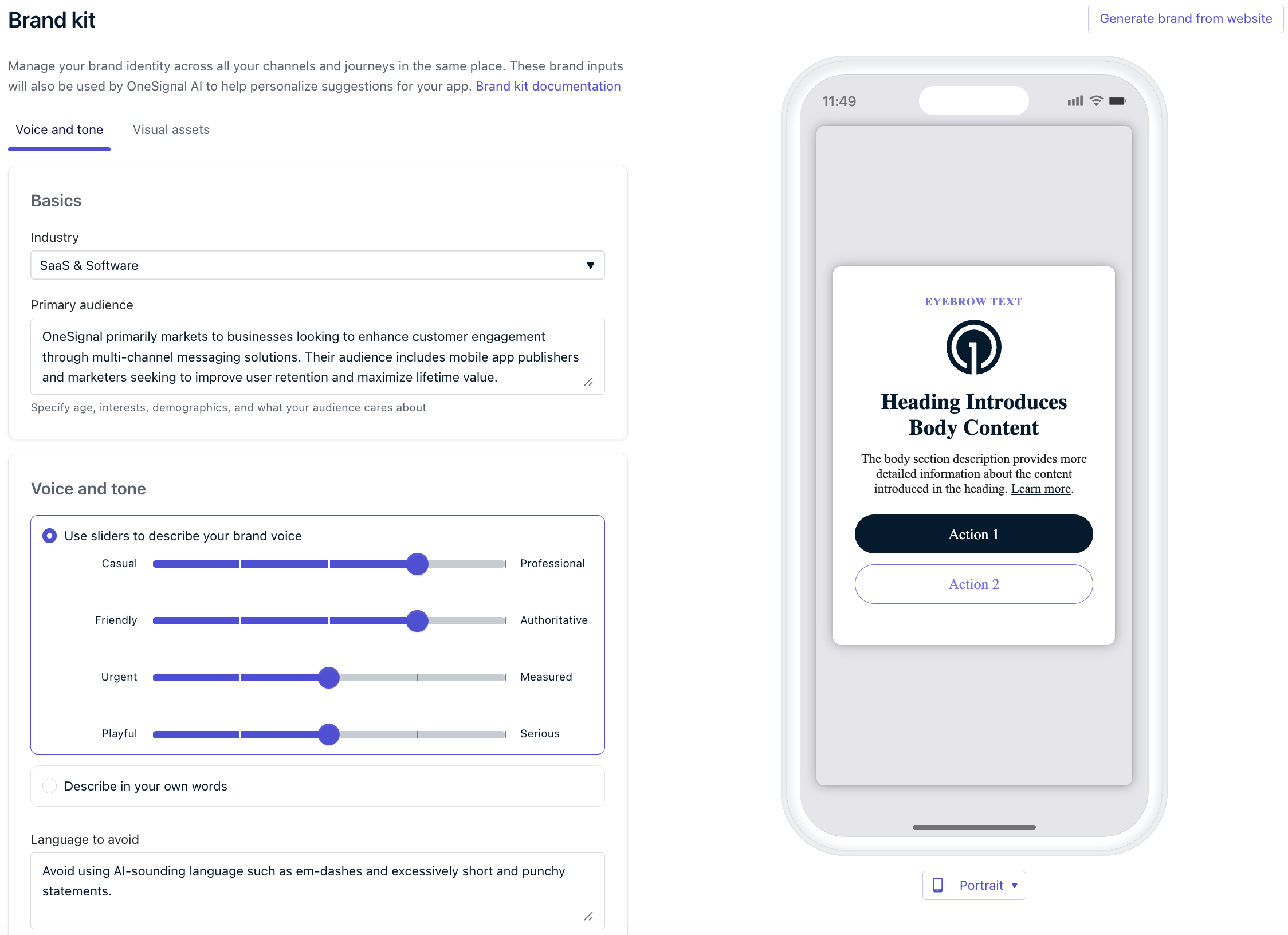 Brand Kit Voice and Tone tab showing industry, audience, and tone settings