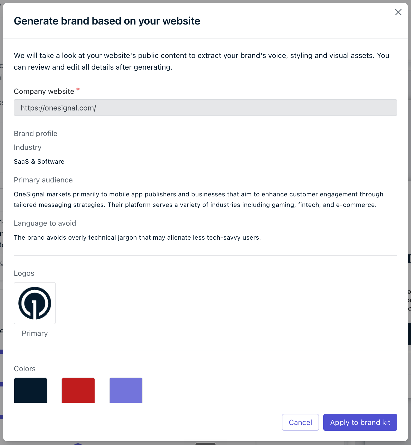 Generate from website modal with extracted brand values ready to apply