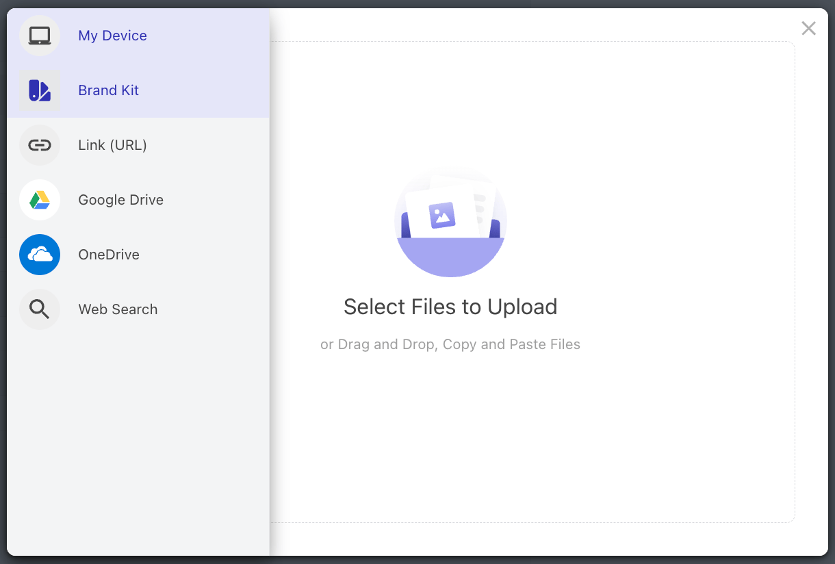 Image picker showing the Brand Kit folder with uploaded logos available for selection