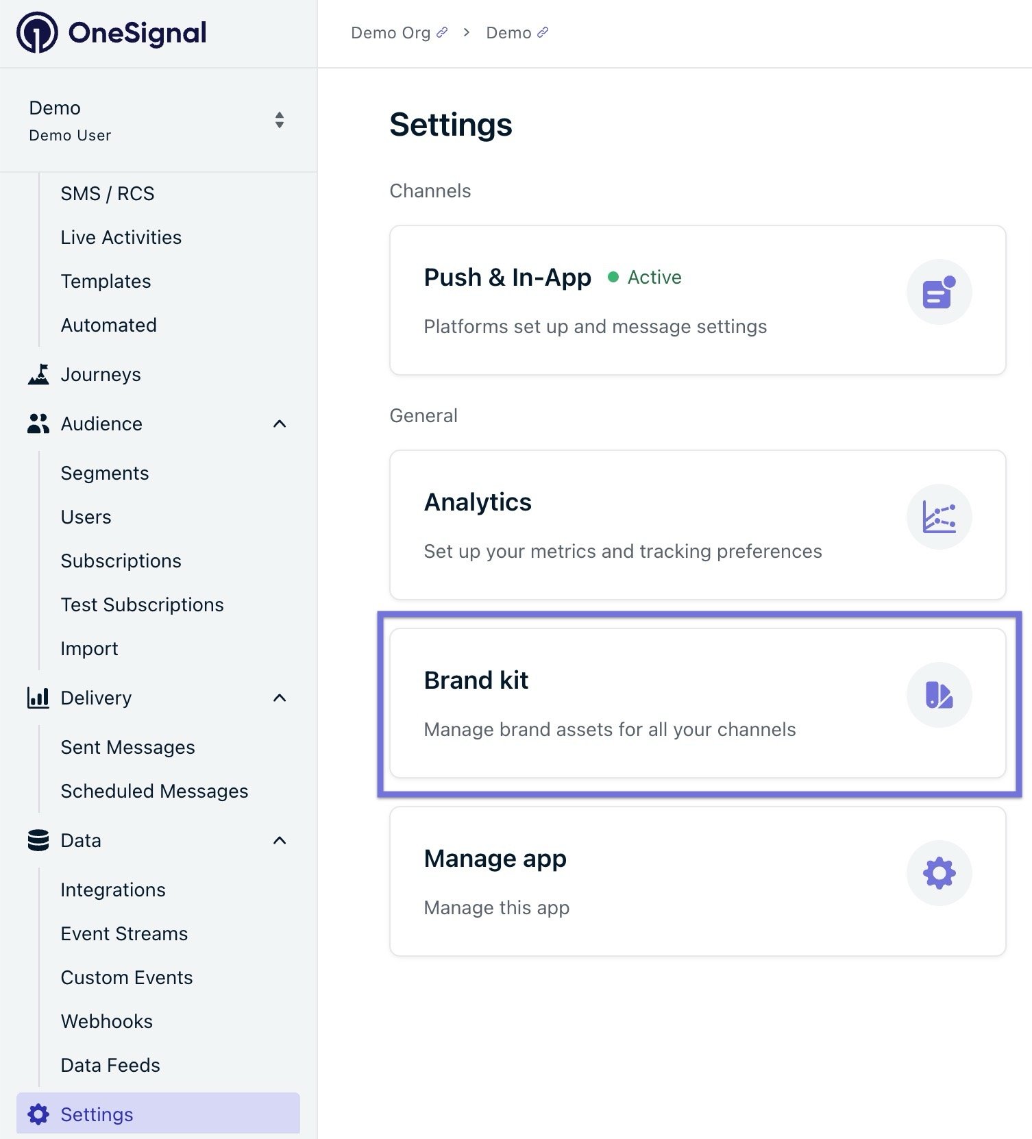 Settings sidebar with Brand Kit highlighted