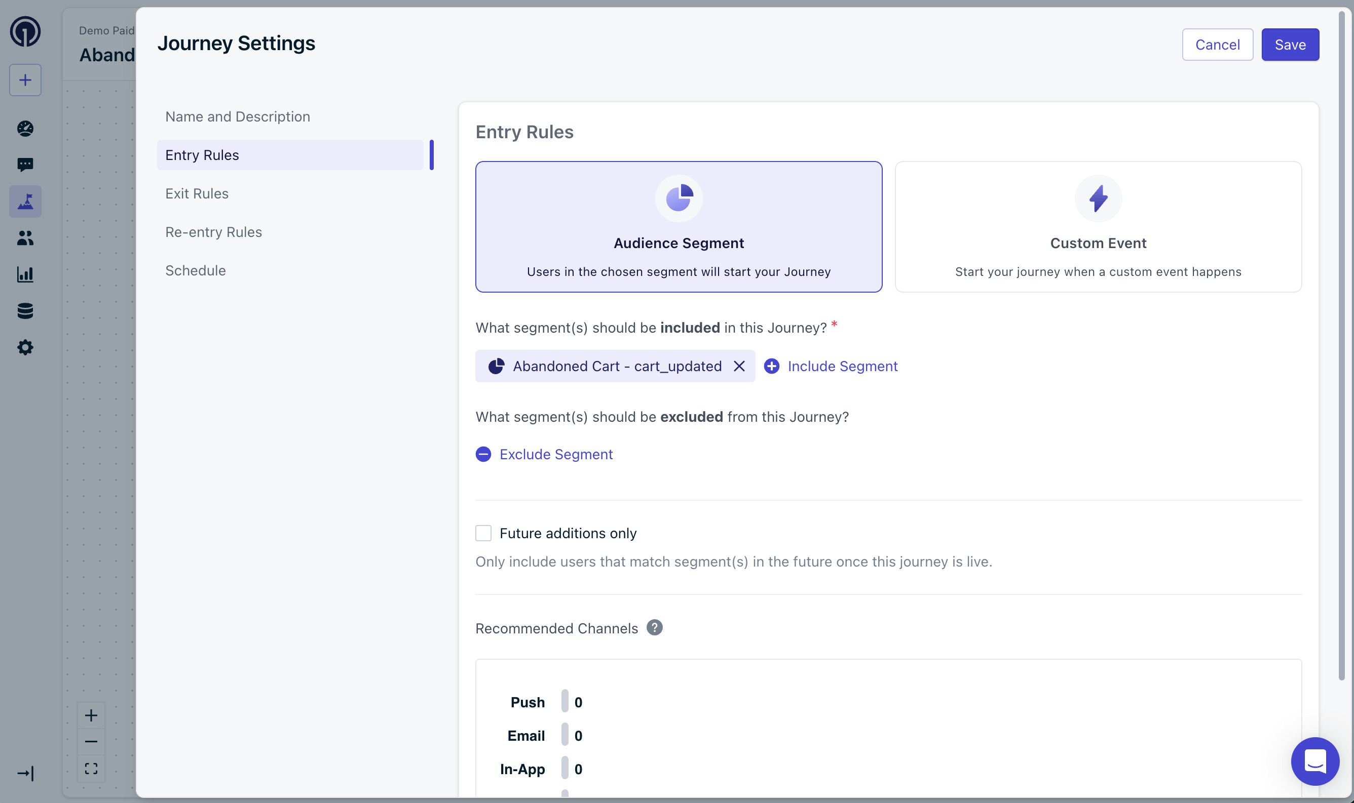 Regras de entrada do Journey de Carrinho Abandonado