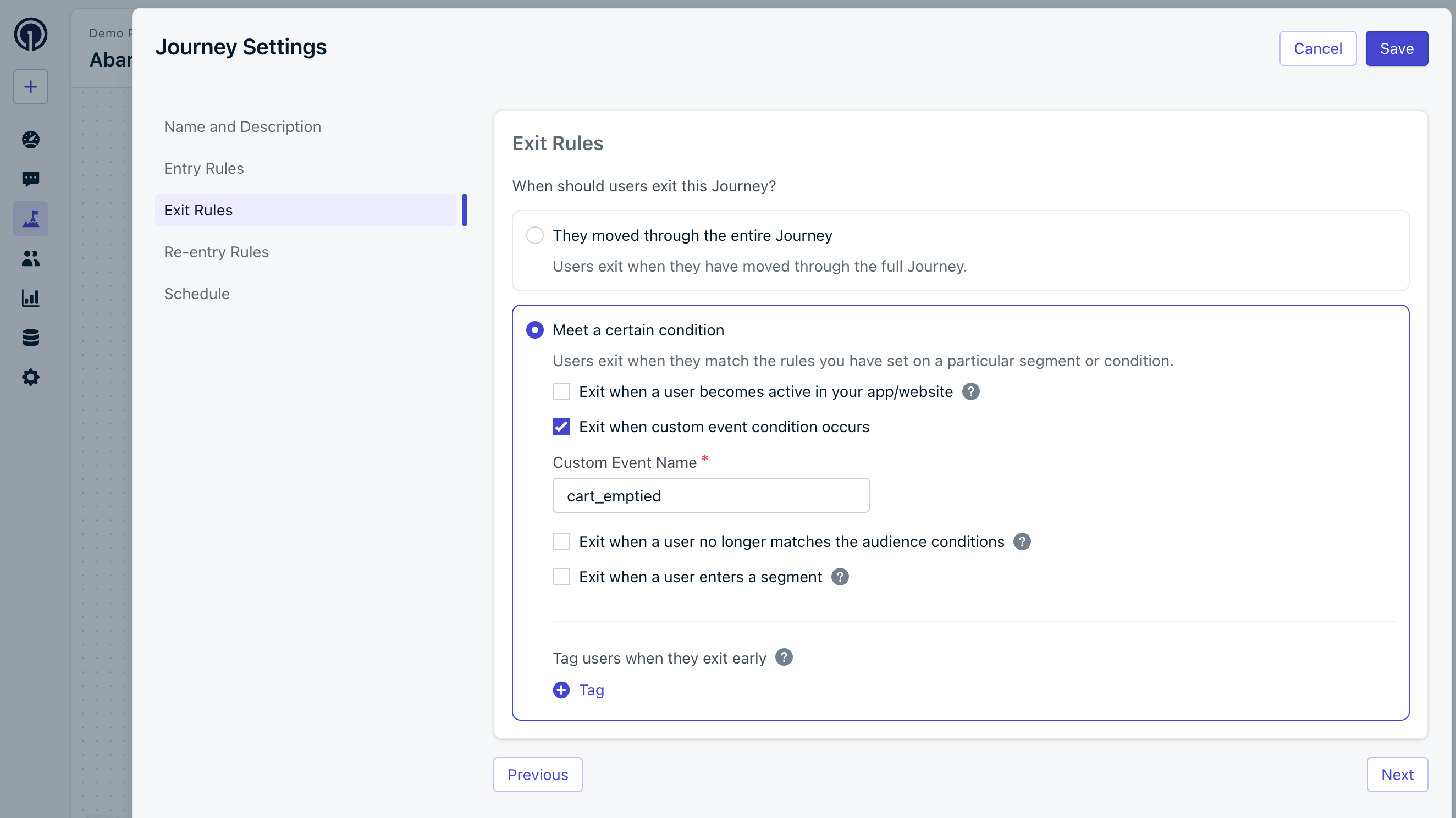Regras de Saída de Evento Personalizado do Journey de Carrinho Abandonado