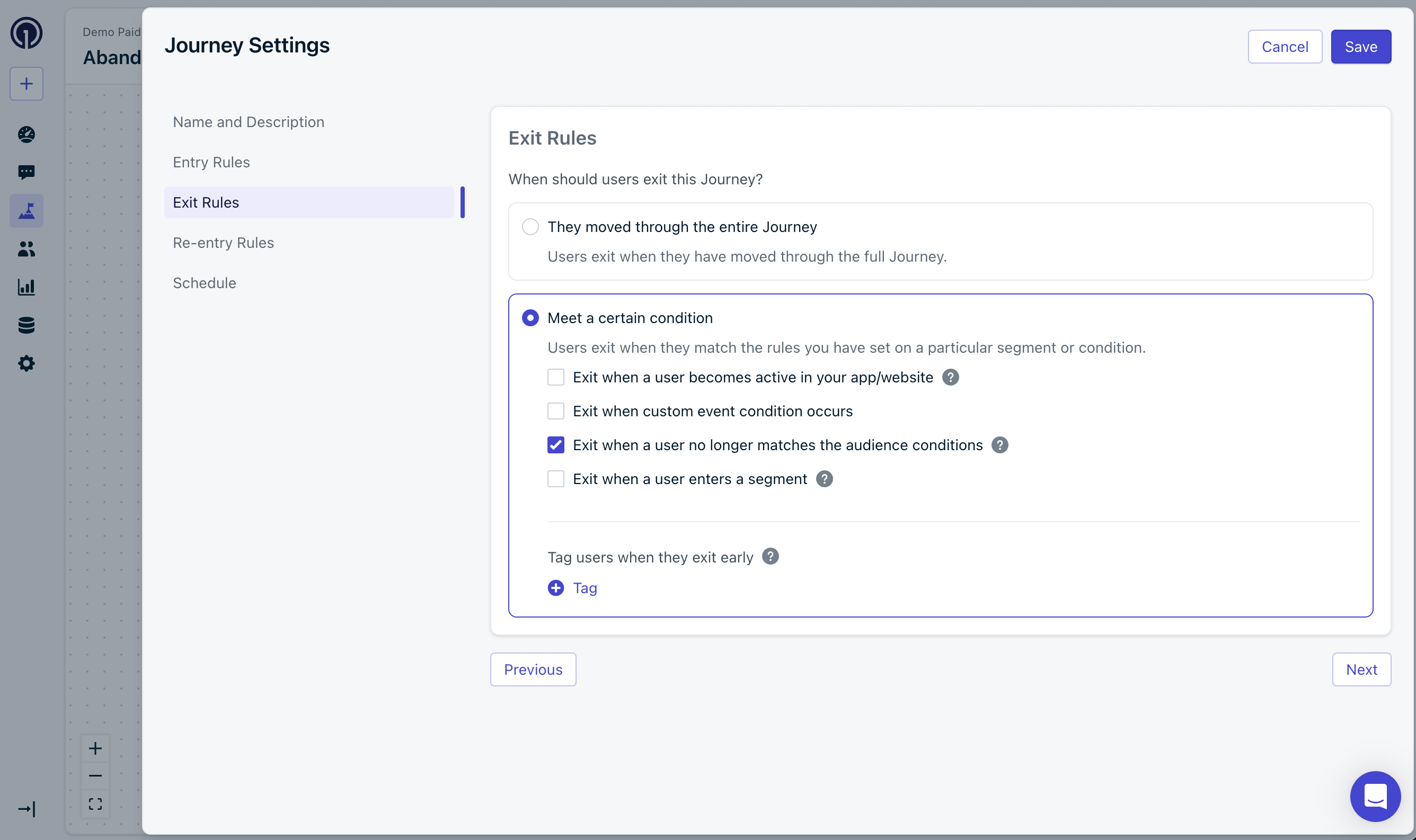 Regras de Saída de Tag do Journey de Carrinho Abandonado