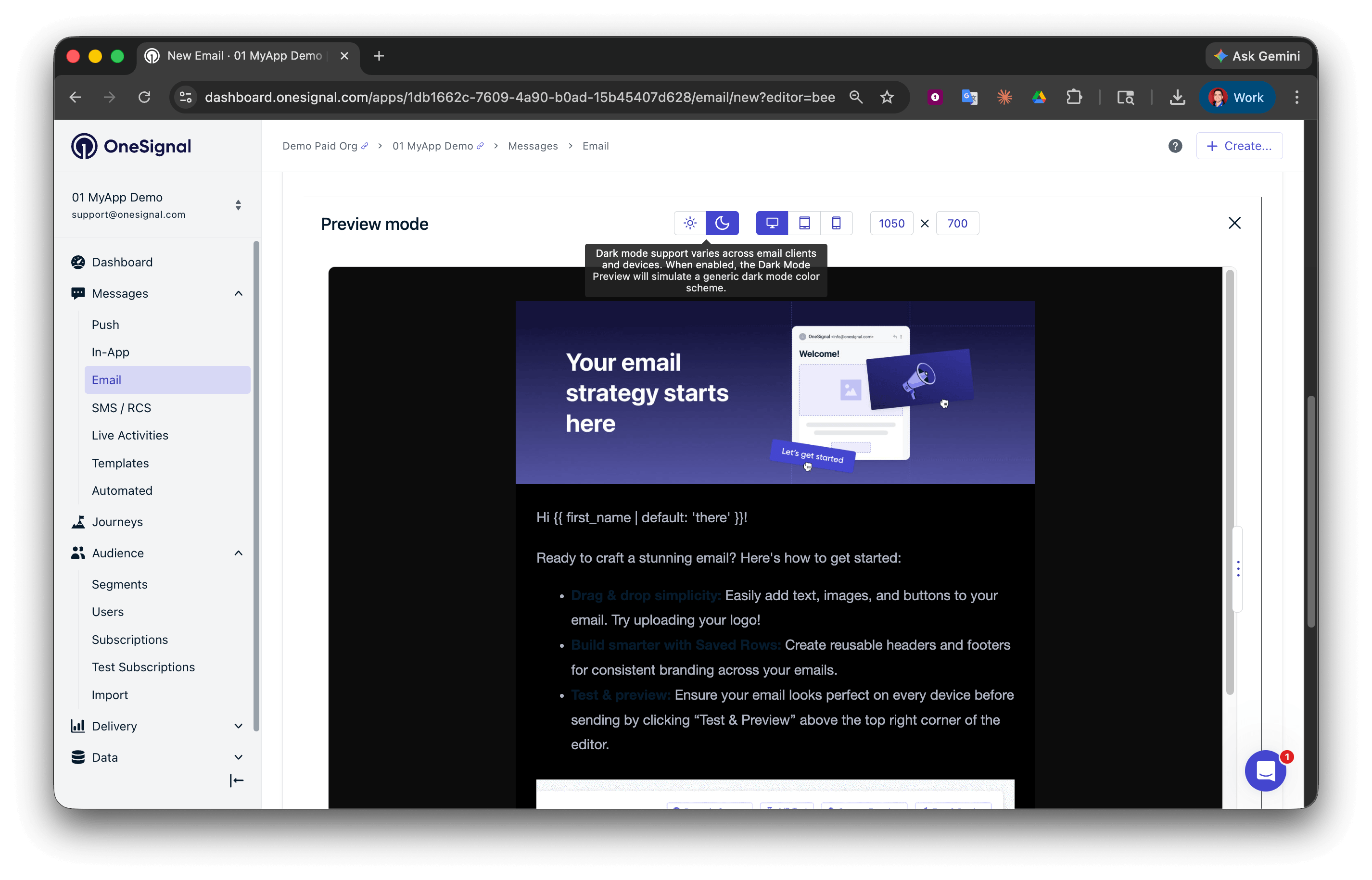 Light and dark mode toggle in the Drag and Drop Editor