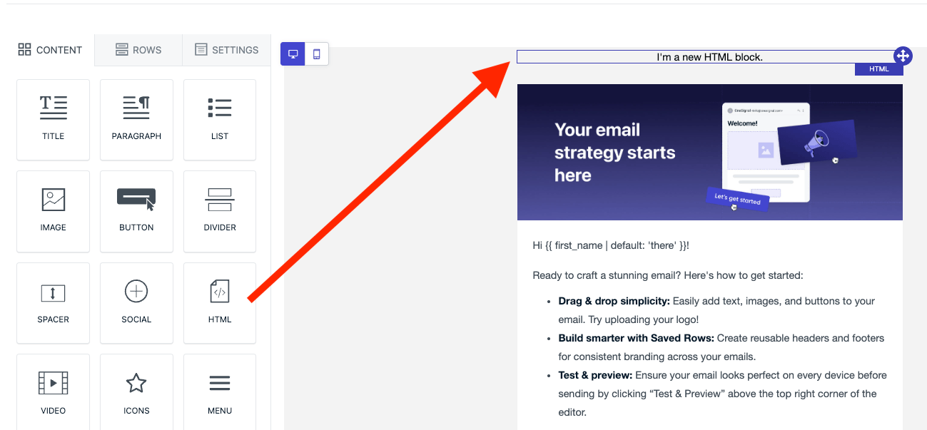 Adding an HTML block to the top of your email