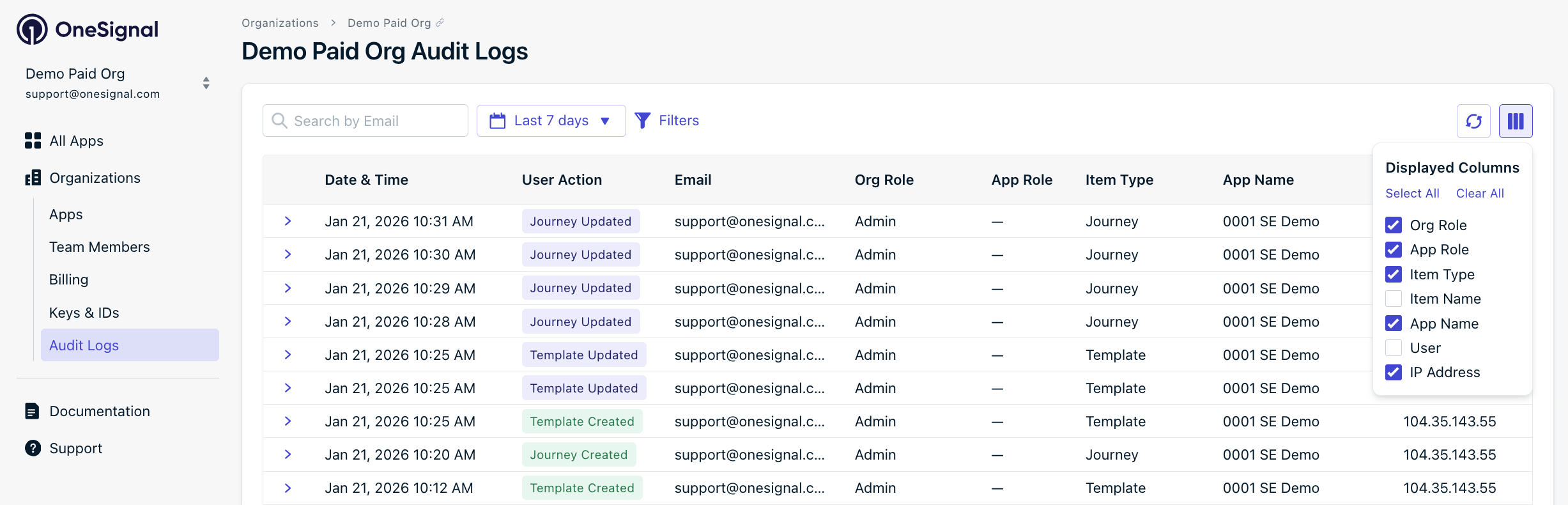 Botón de columnas de registros de auditoría que muestra las columnas disponibles