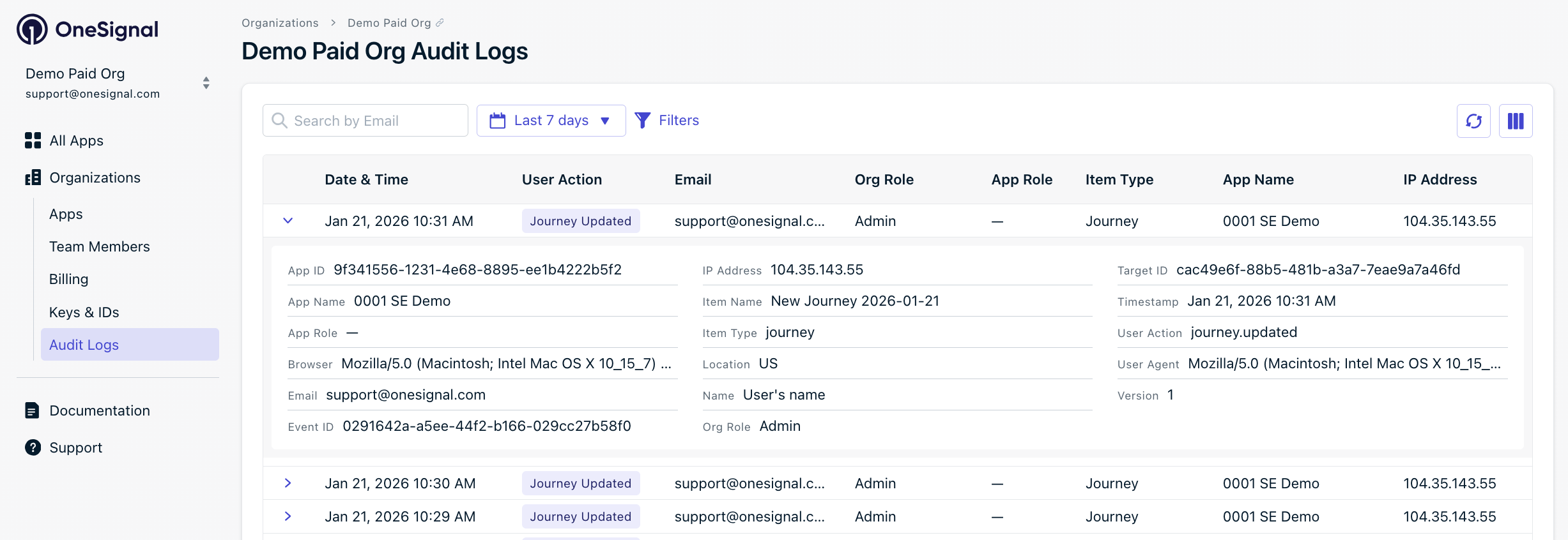 Evento de registro de auditoría expandido que muestra información detallada incluyendo ID de app, navegador, ID de evento y dirección IP