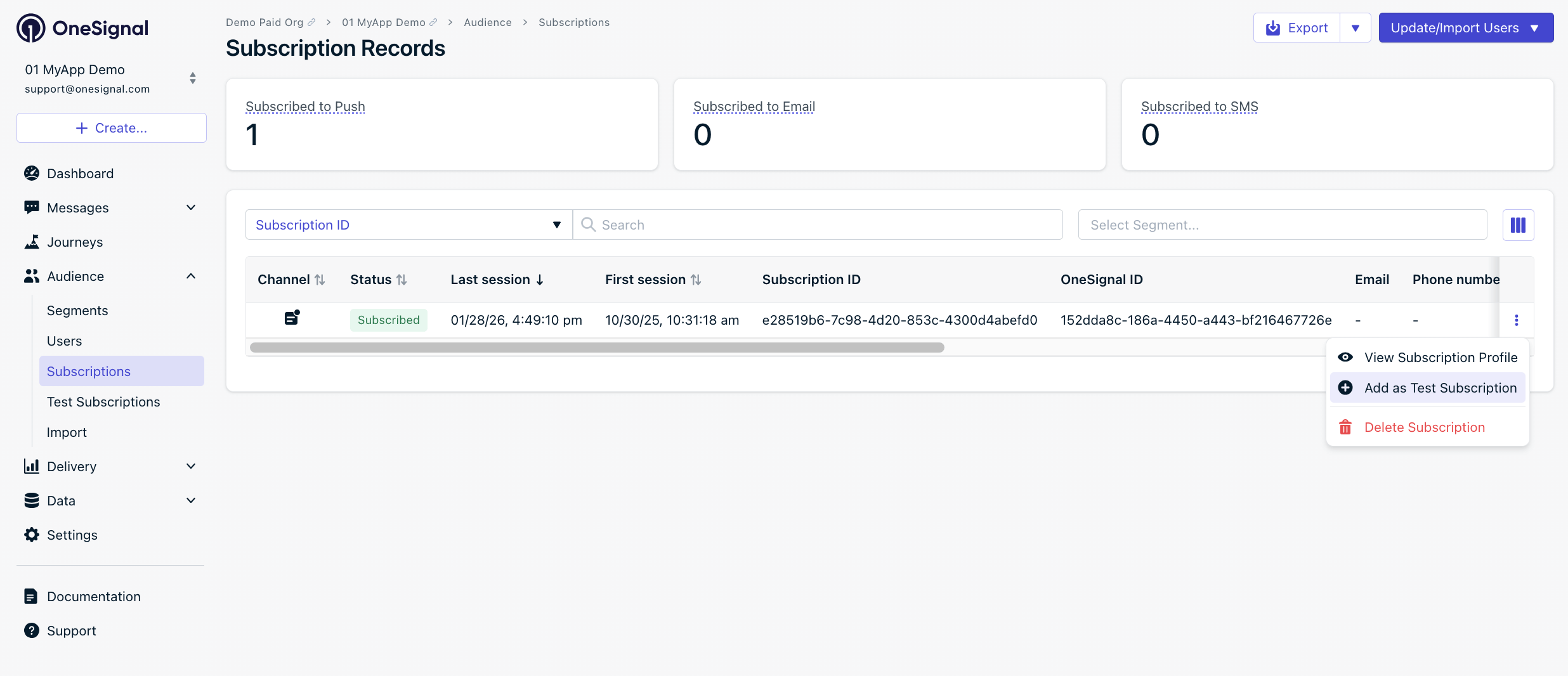 Add a Test Subscription.