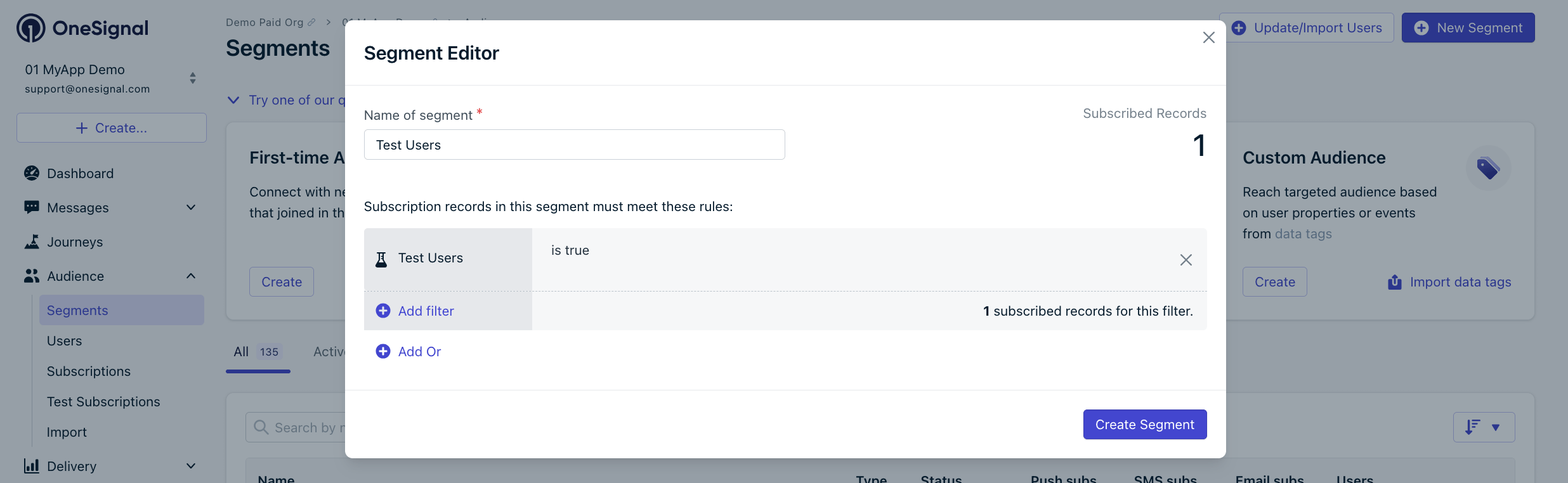 Create a 'Test Users' segment with the Test Users filter.