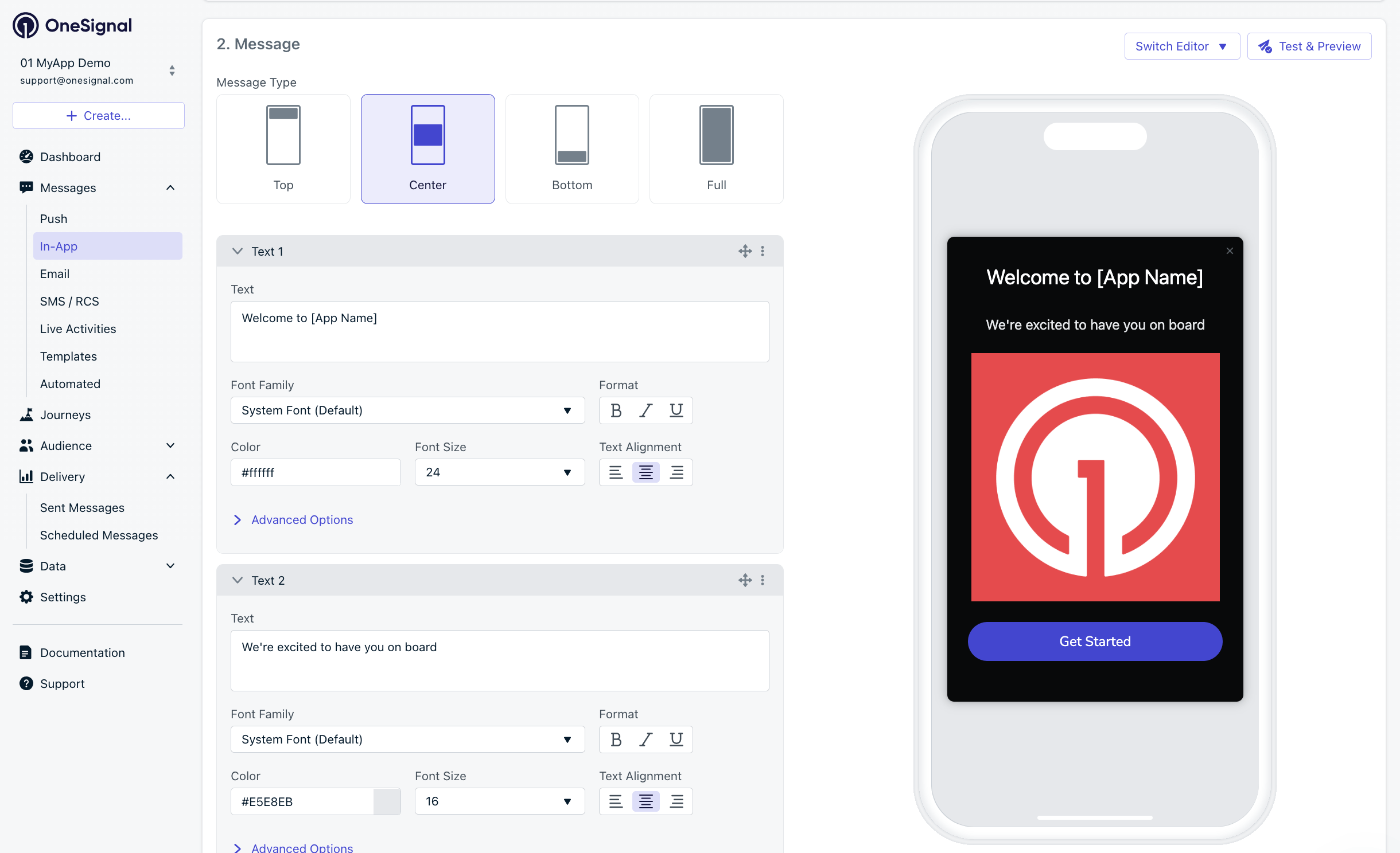 Example customization of in-app Welcome message.