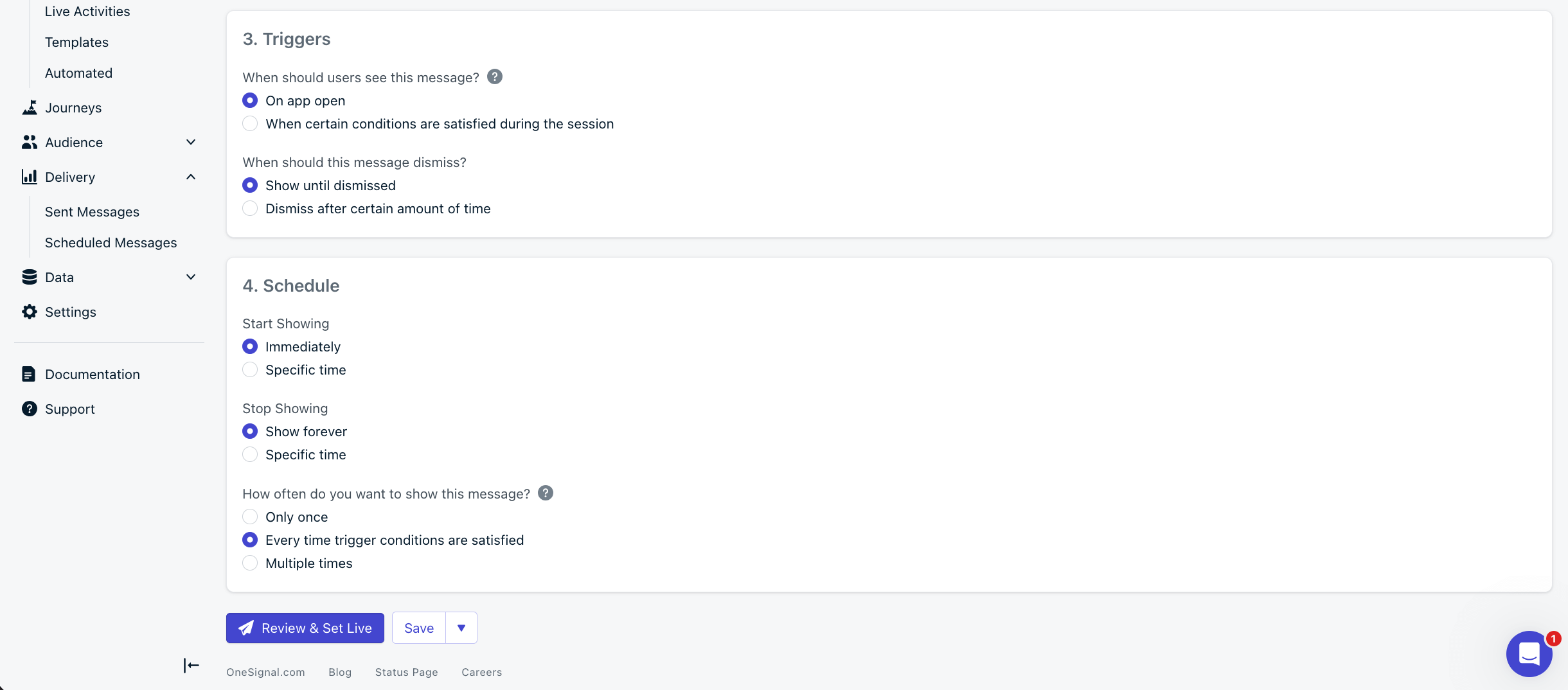 In-app message scheduling options.
