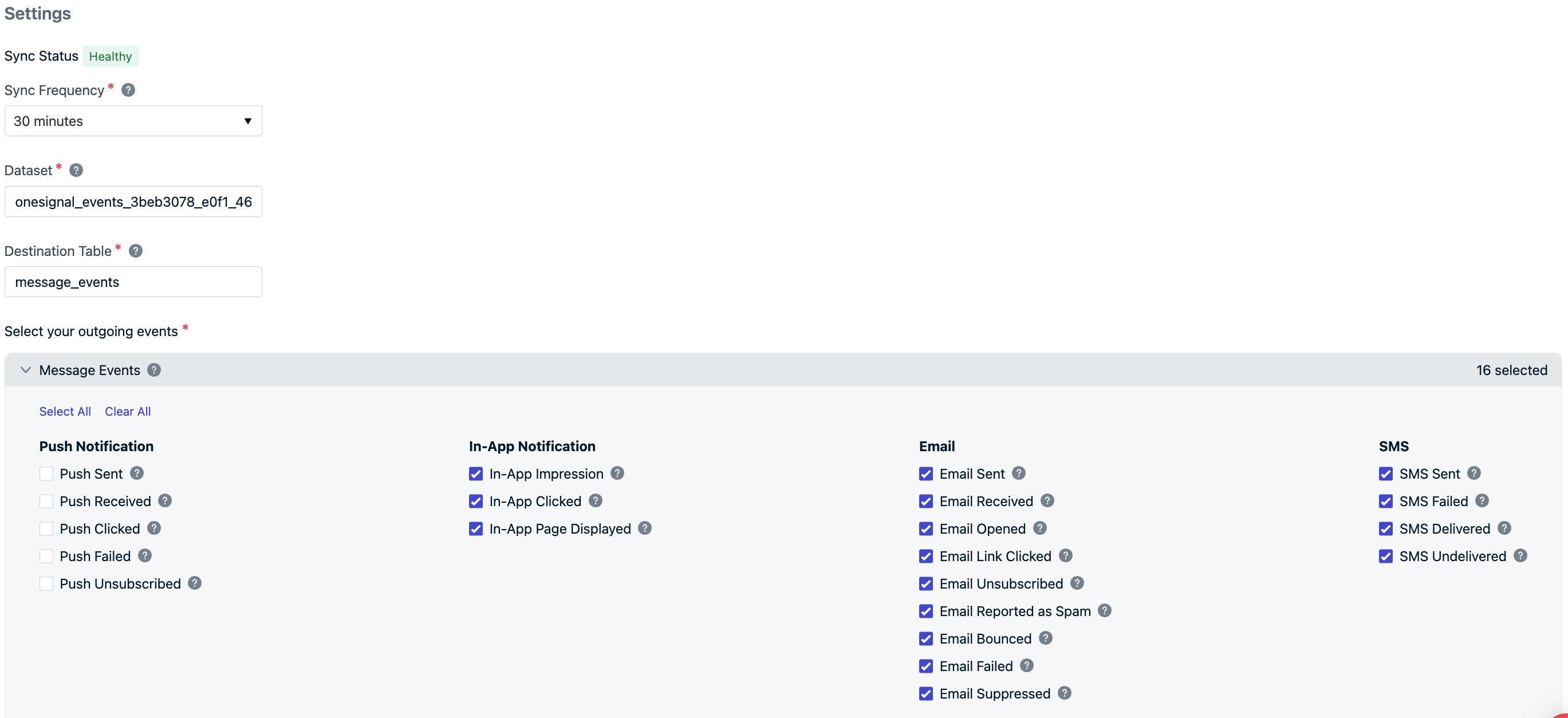 OneSignal event export settings screen showing sync status, dataset configuration, and selected message event types
