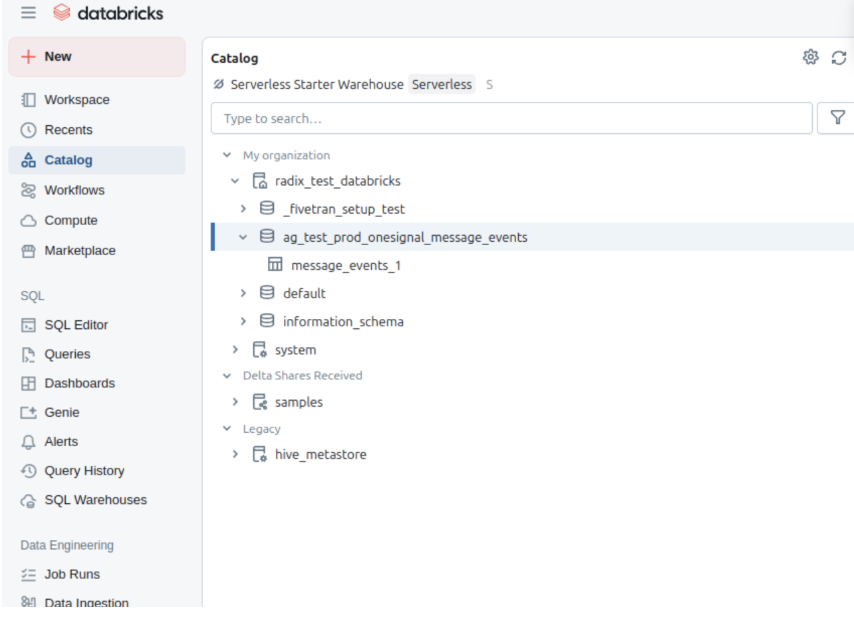 Databricks 目录视图,显示生产架构下的 OneSignal 消息事件表