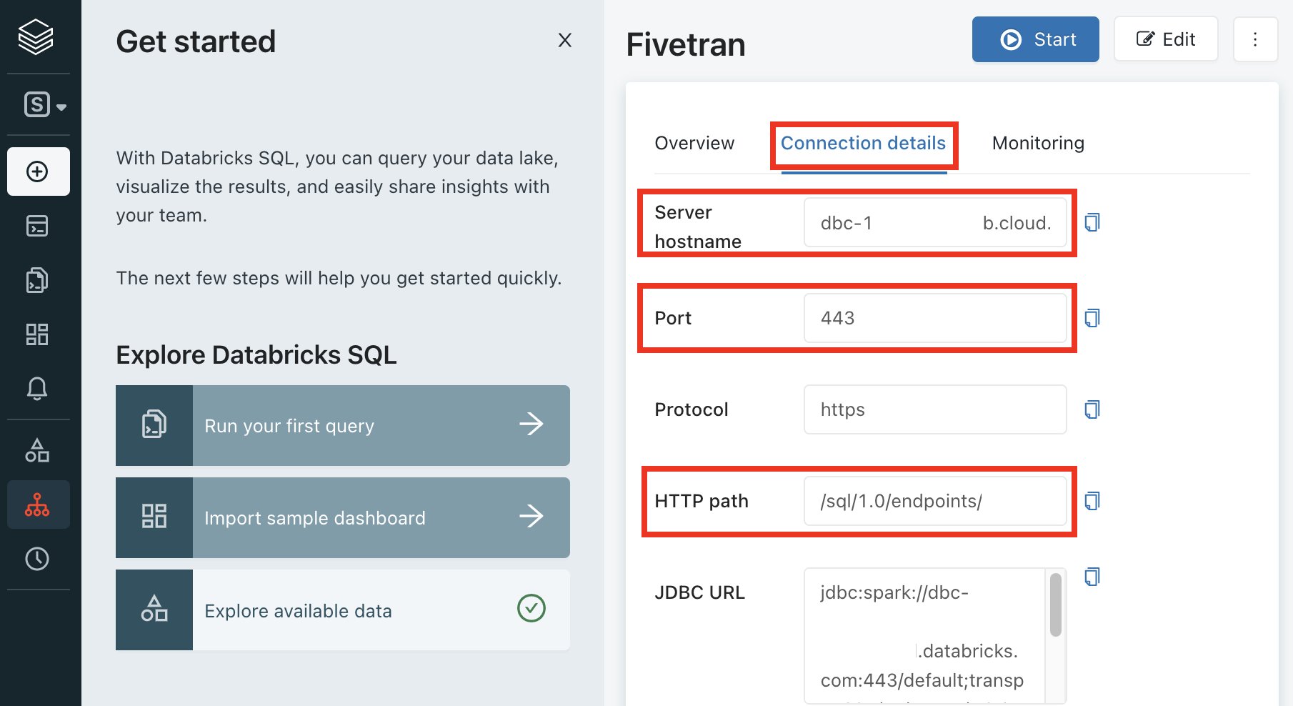 Databricks SQL connection details for Fivetran setup