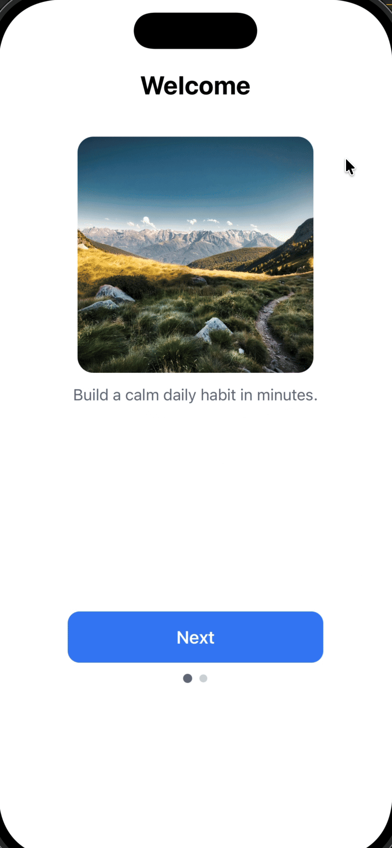 Onboarding carousel showing welcome screen with image, text, and Next button