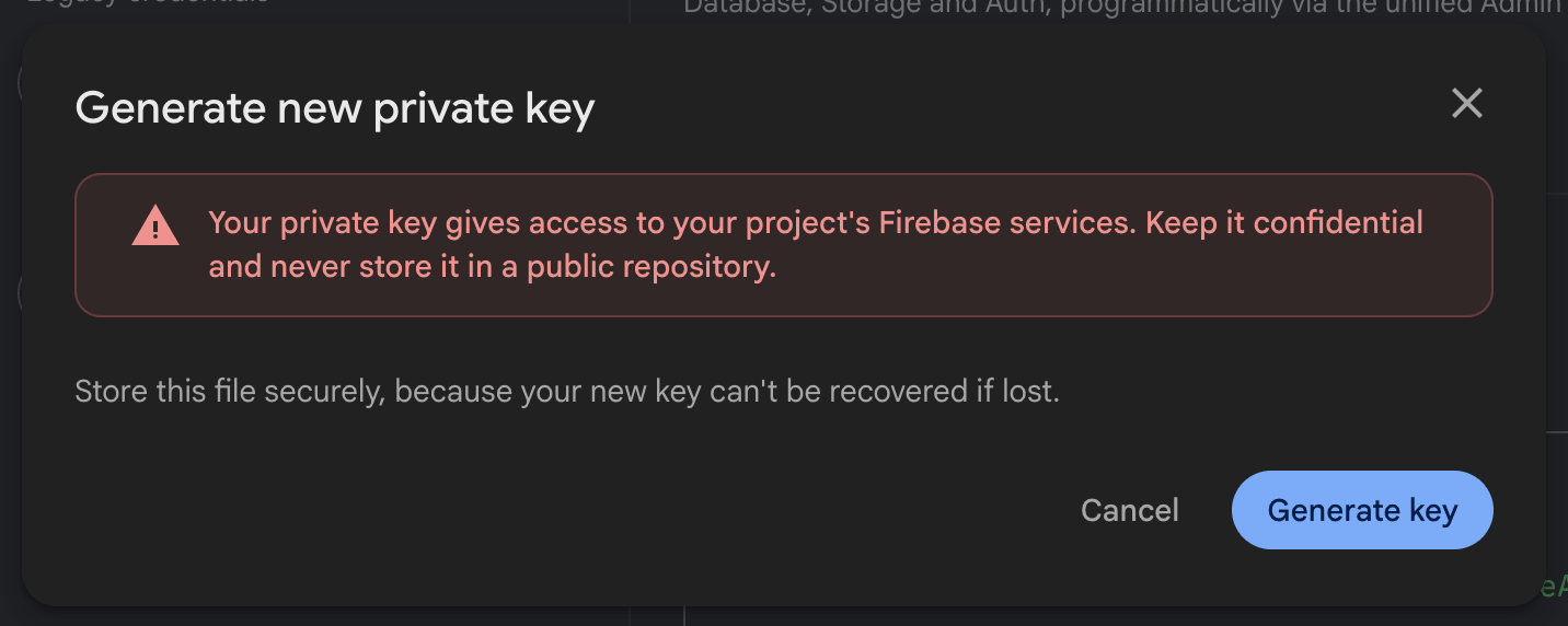 Diálogo de confirmación de Firebase para generar una nueva clave privada para el Service Account
