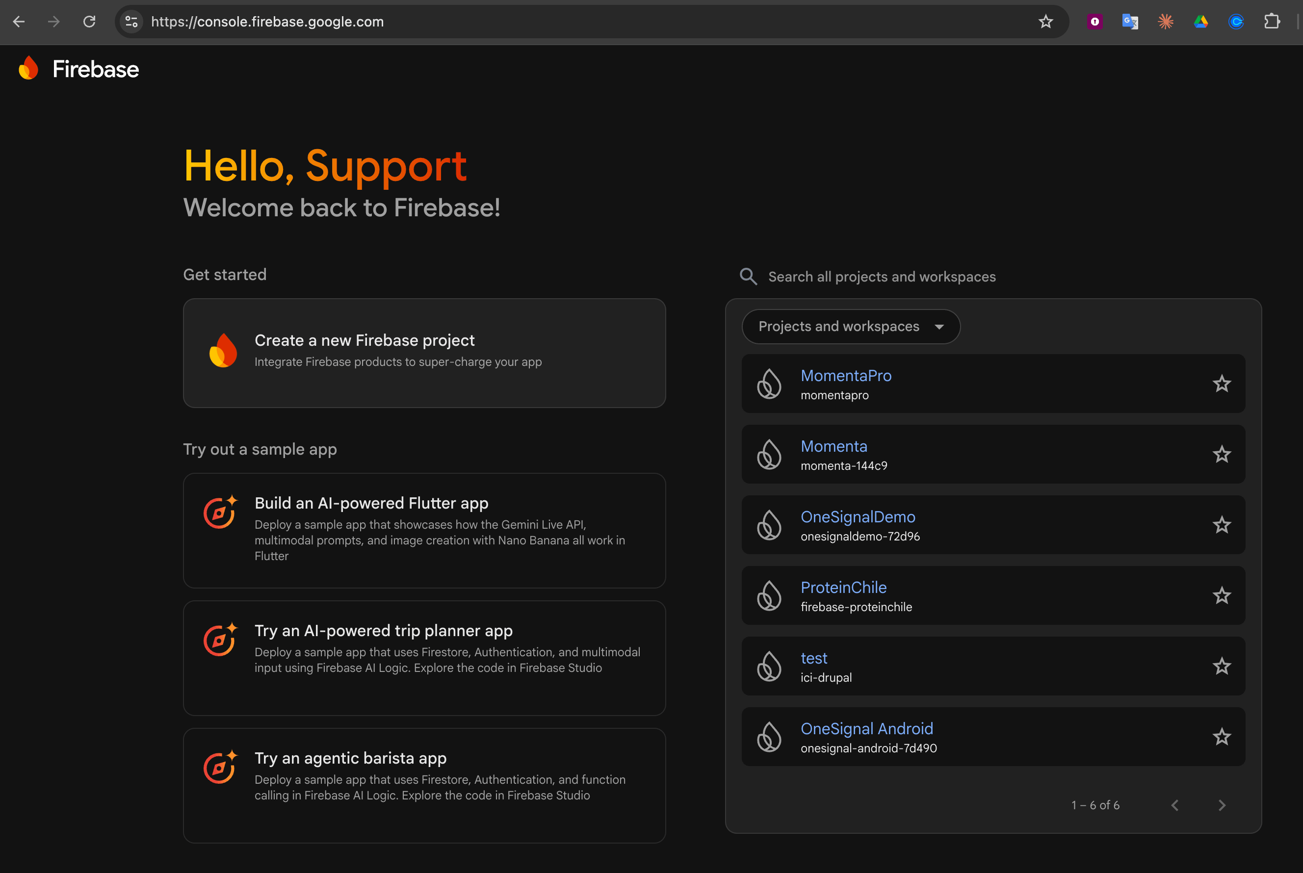 Consola de Firebase mostrando la lista de proyectos disponibles