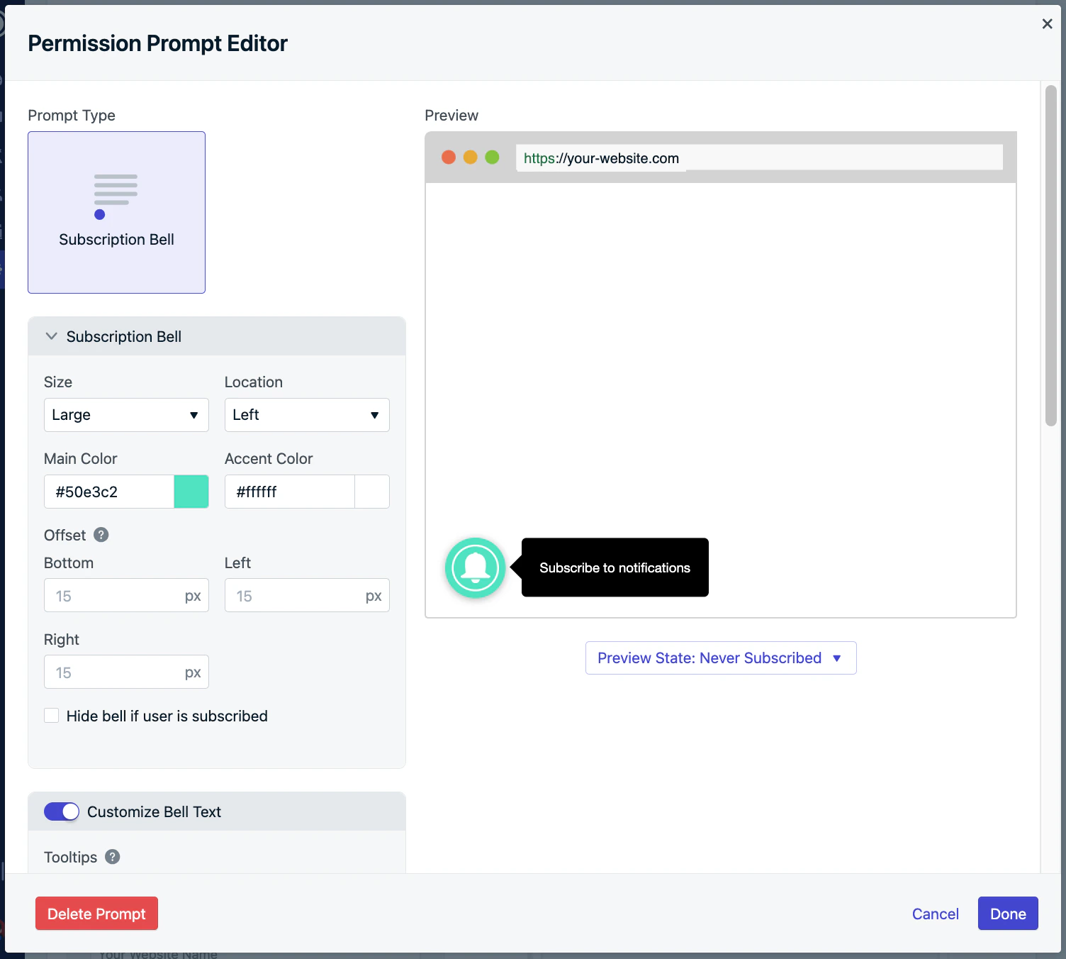 Subscription bell configuration in the dashboard