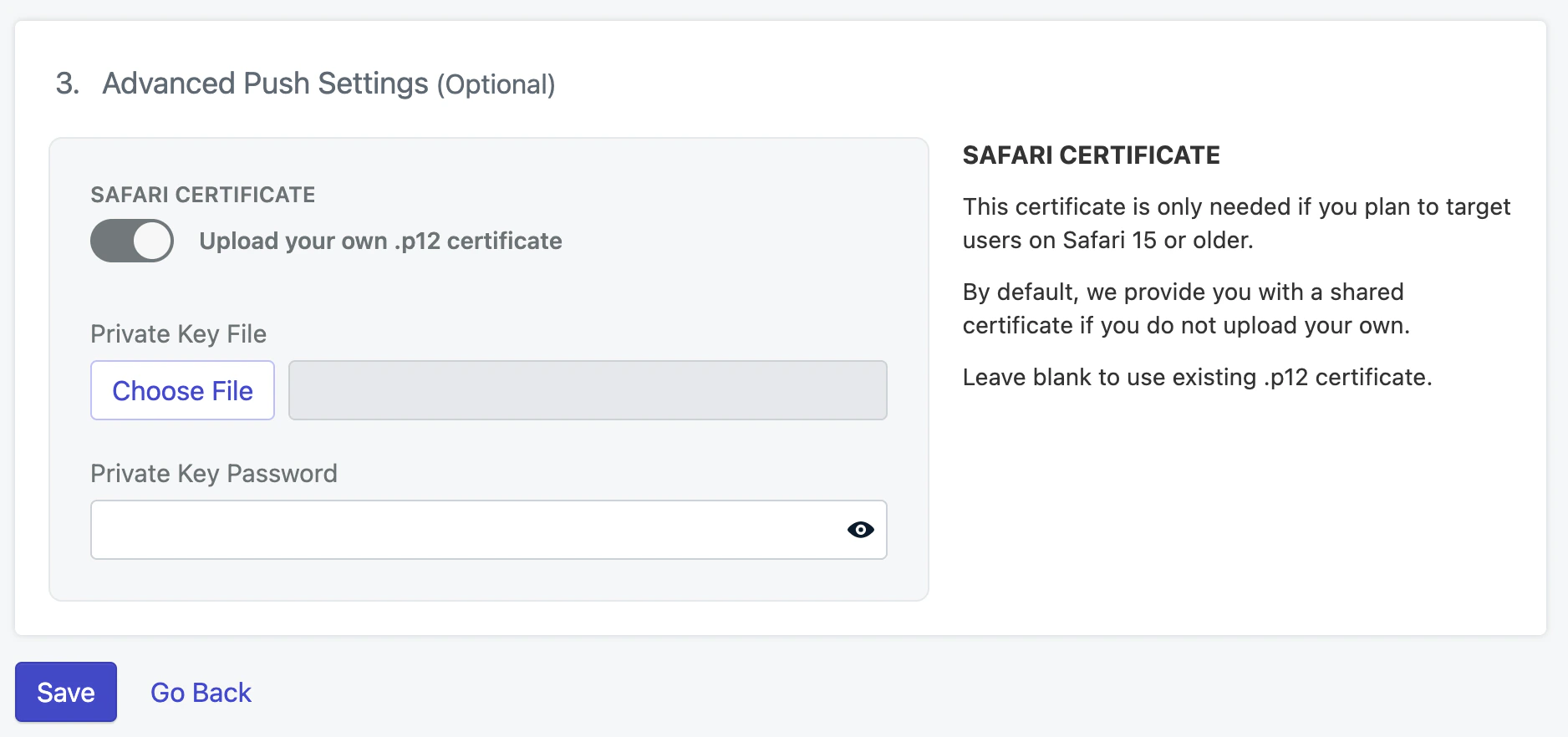 Safari certificate upload option