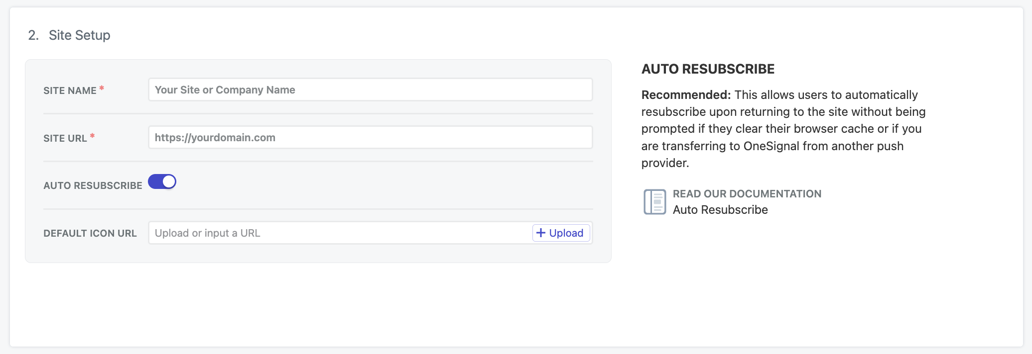 OneSignal web push configuration showing site name, URL, and icon settings