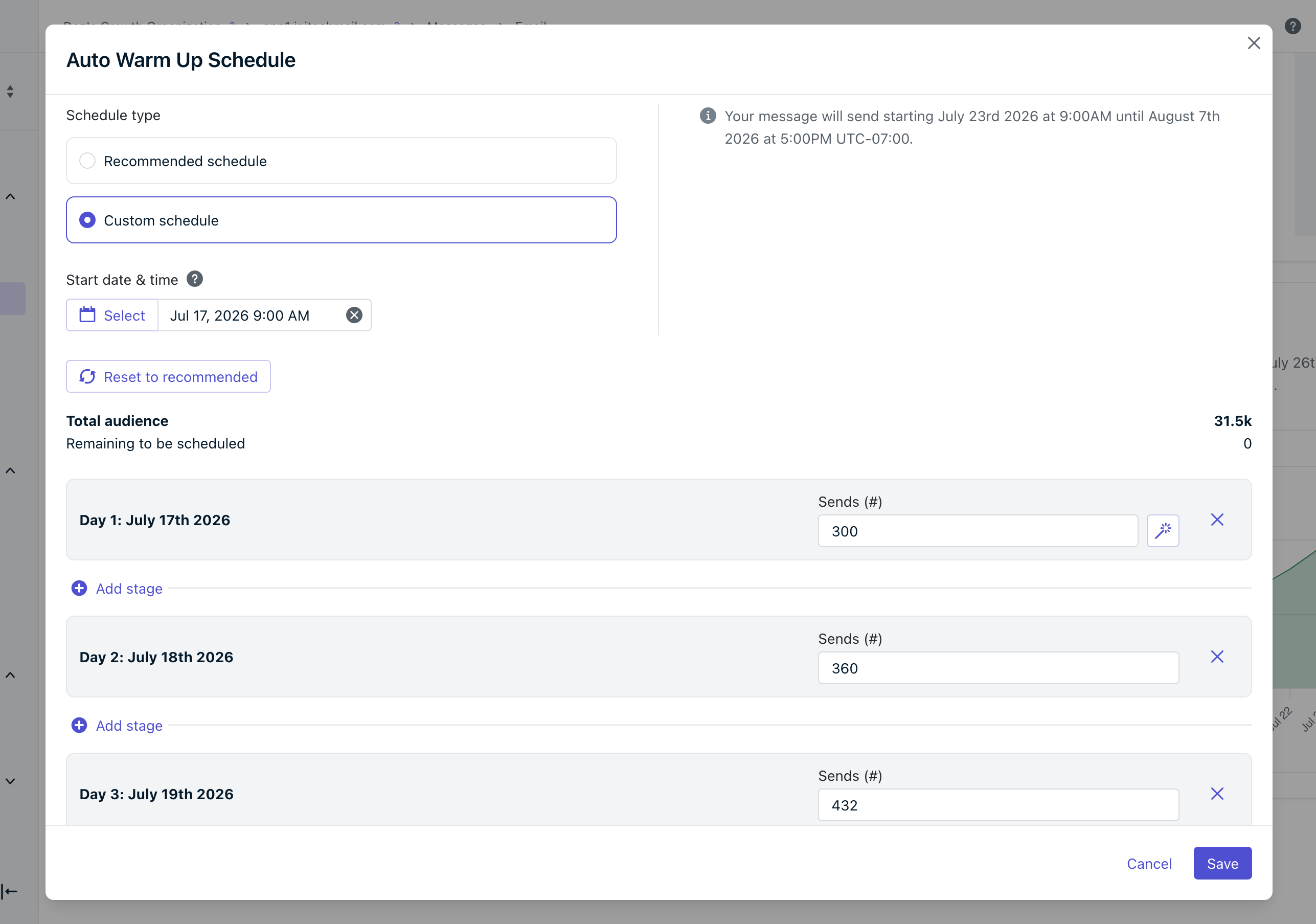 Custom warm-up schedule editor with adjustable daily volumes