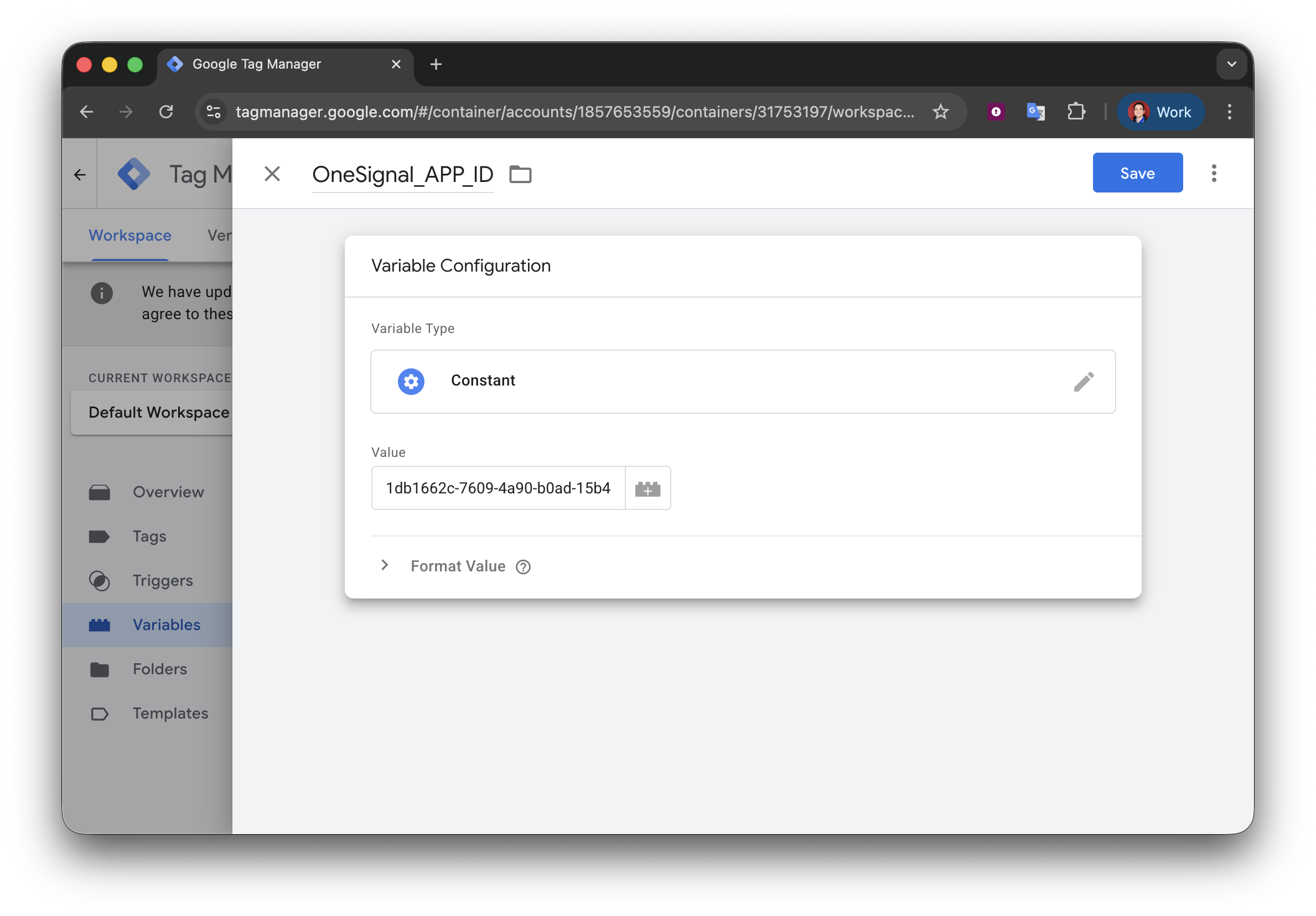 Création d'une variable OneSignal App ID dans Google Tag Manager