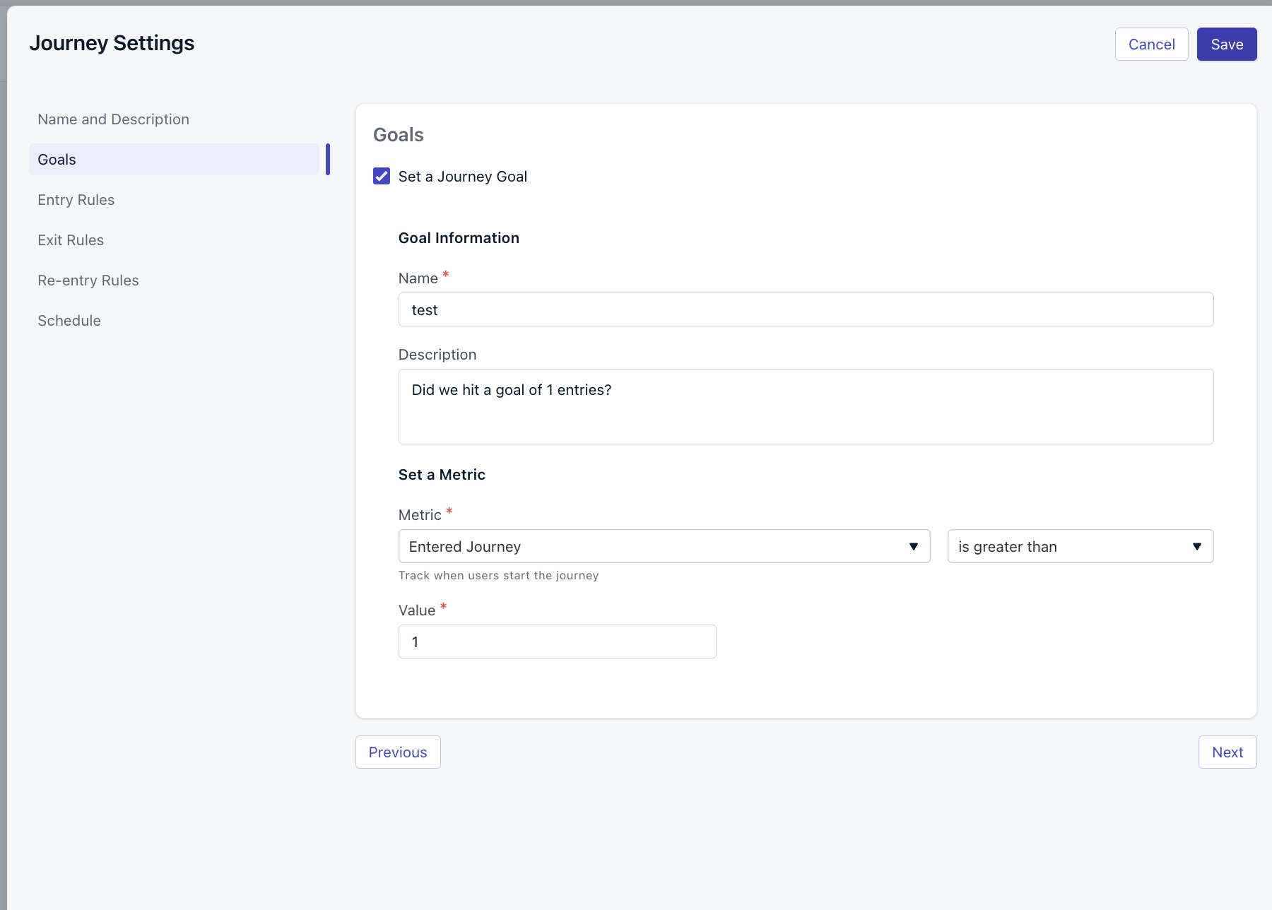 Journey Settings with a Journey Goal configured