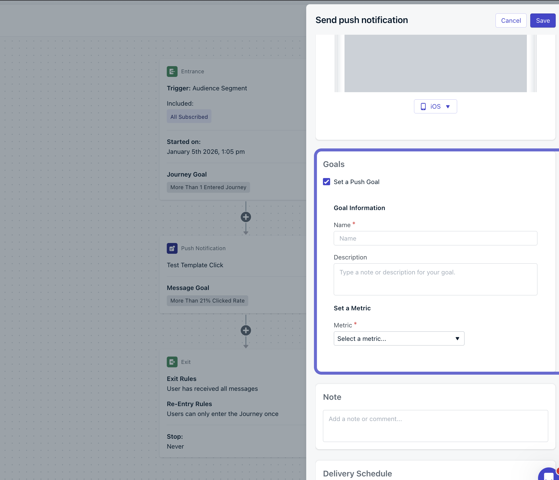 Push step settings showing Message Goal configuration