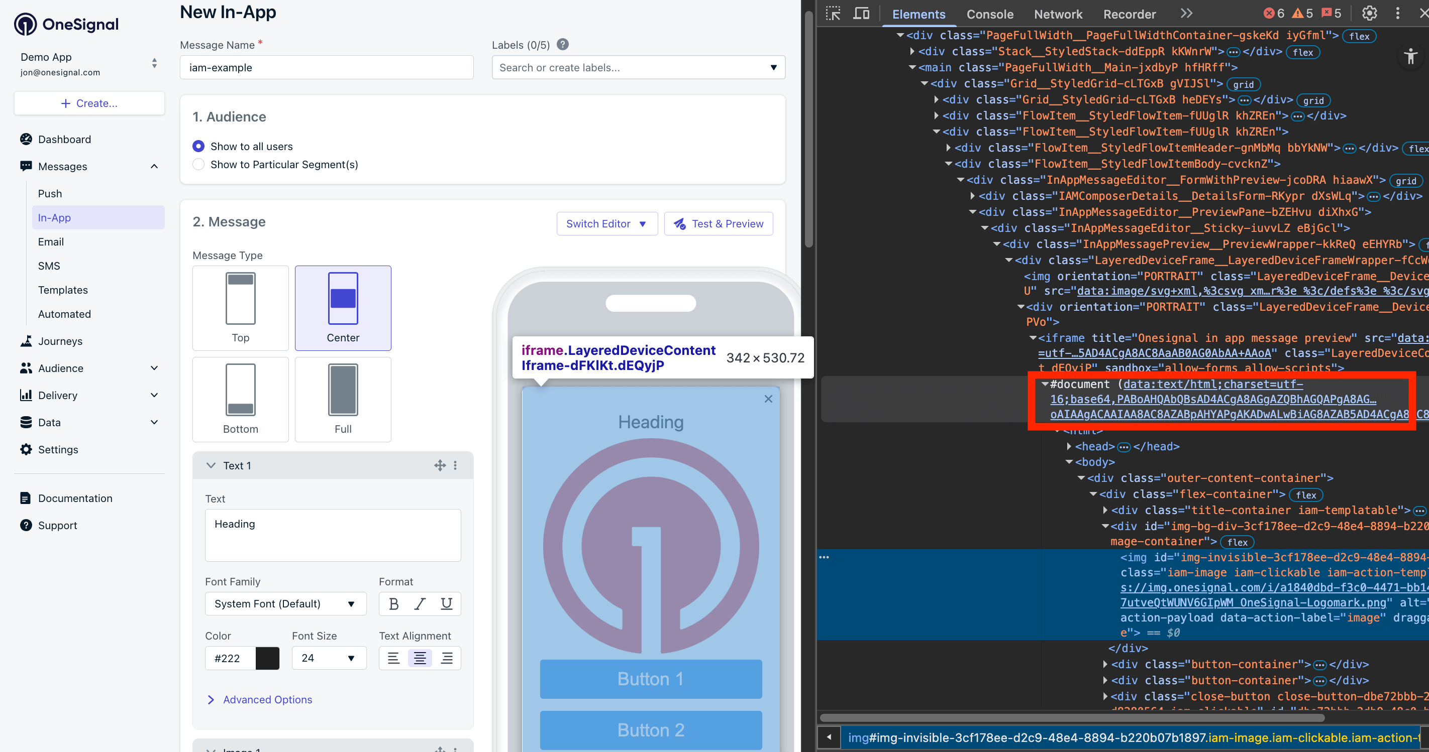 The #document element in the Elements tab of the in-app message block editor