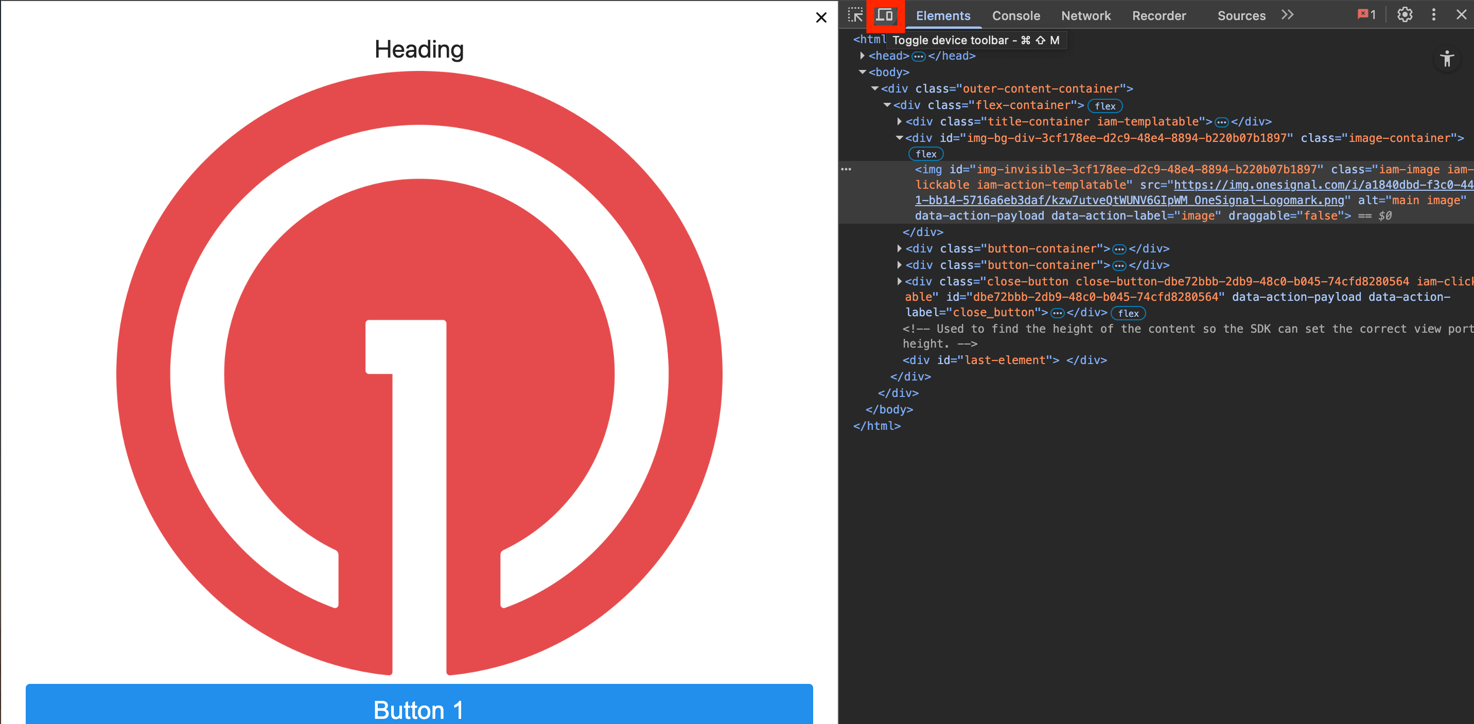 The Toggle device toolbar button in the Elements tab of the in-app message block editor