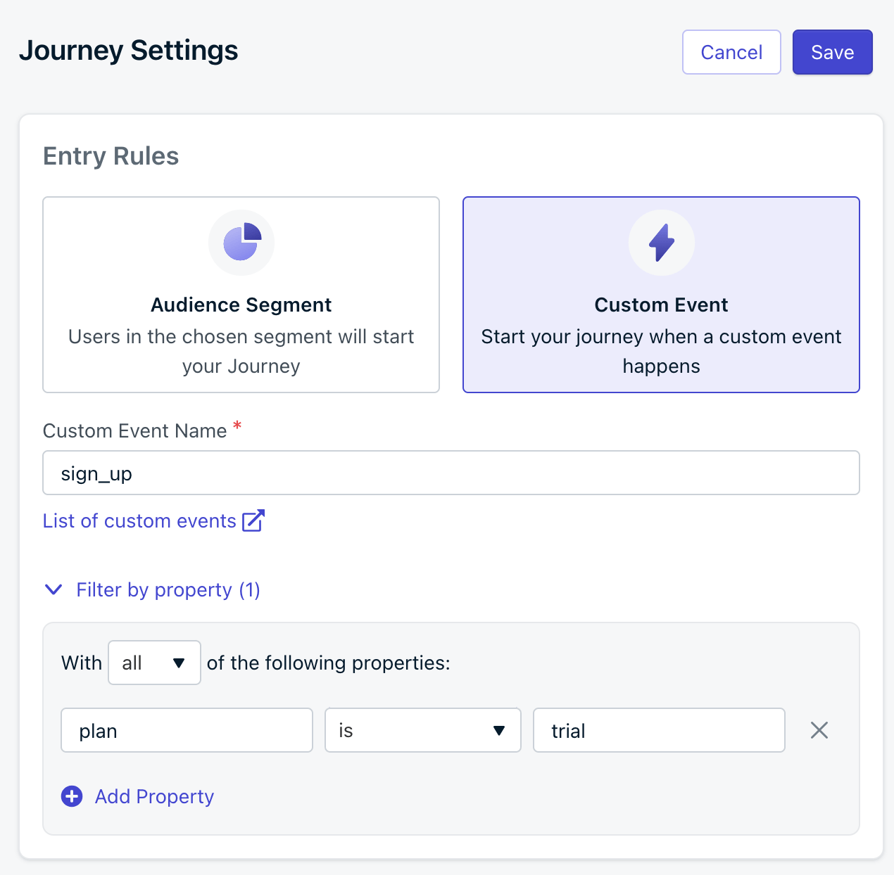 Journey custom event property filters