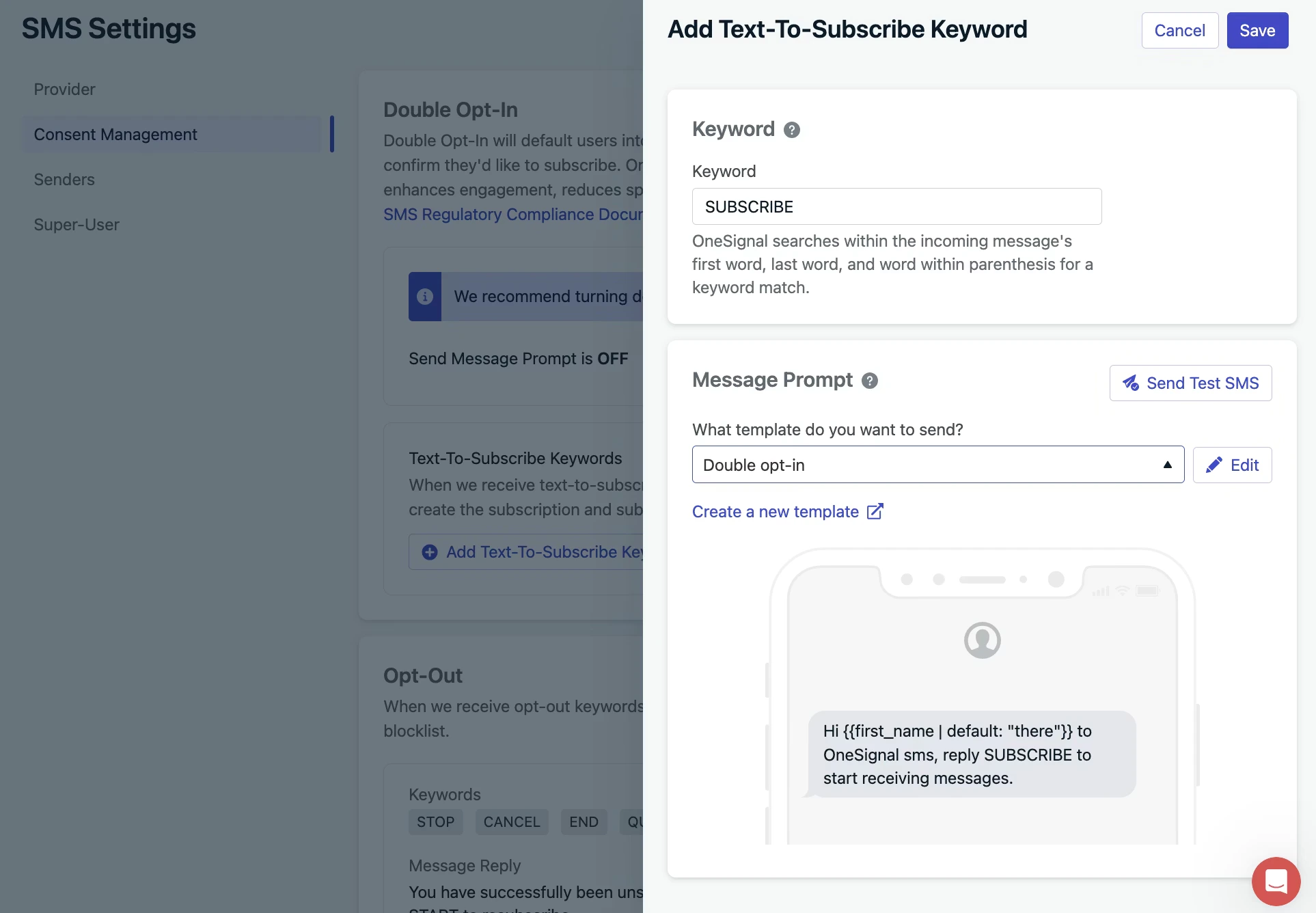 OneSignal Consent Management screen with double opt-in toggle and Add Text-To-Subscribe Keyword modal
