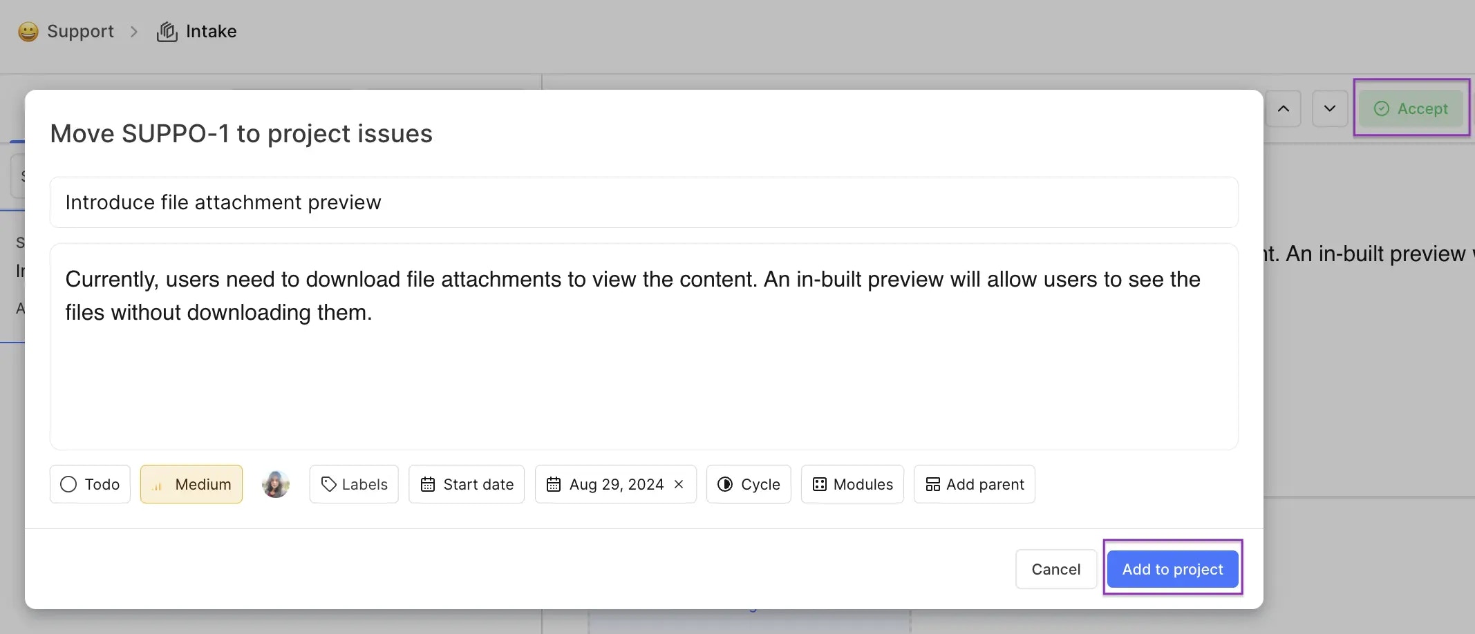 accept-intake-work item