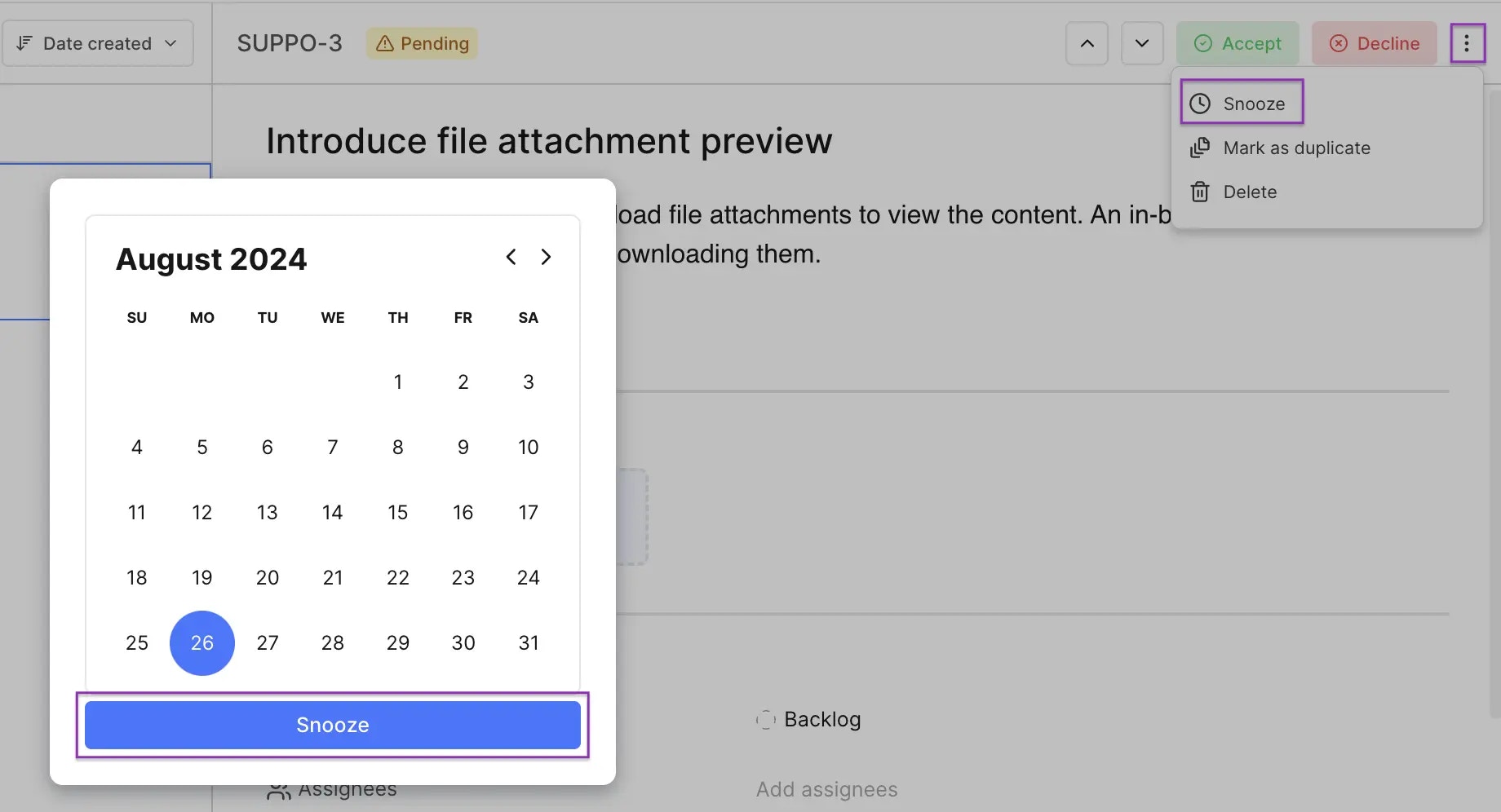 snooze-intake-work item