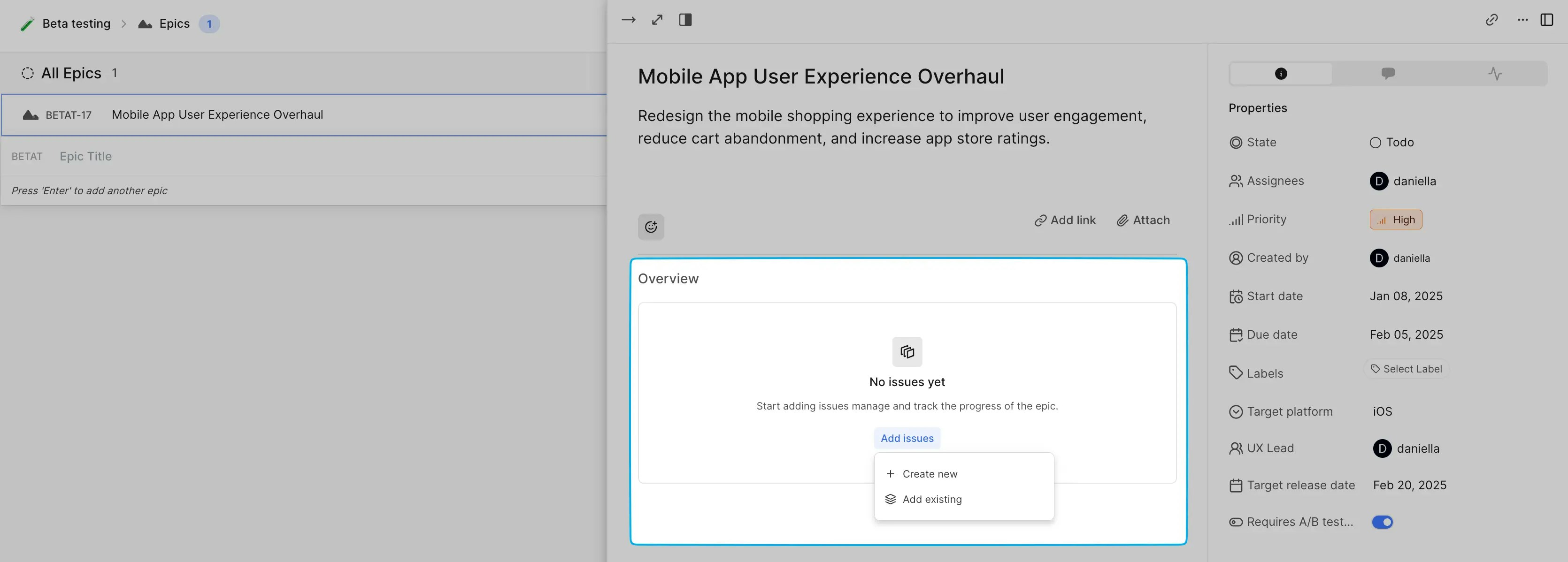 Add work items to Epic