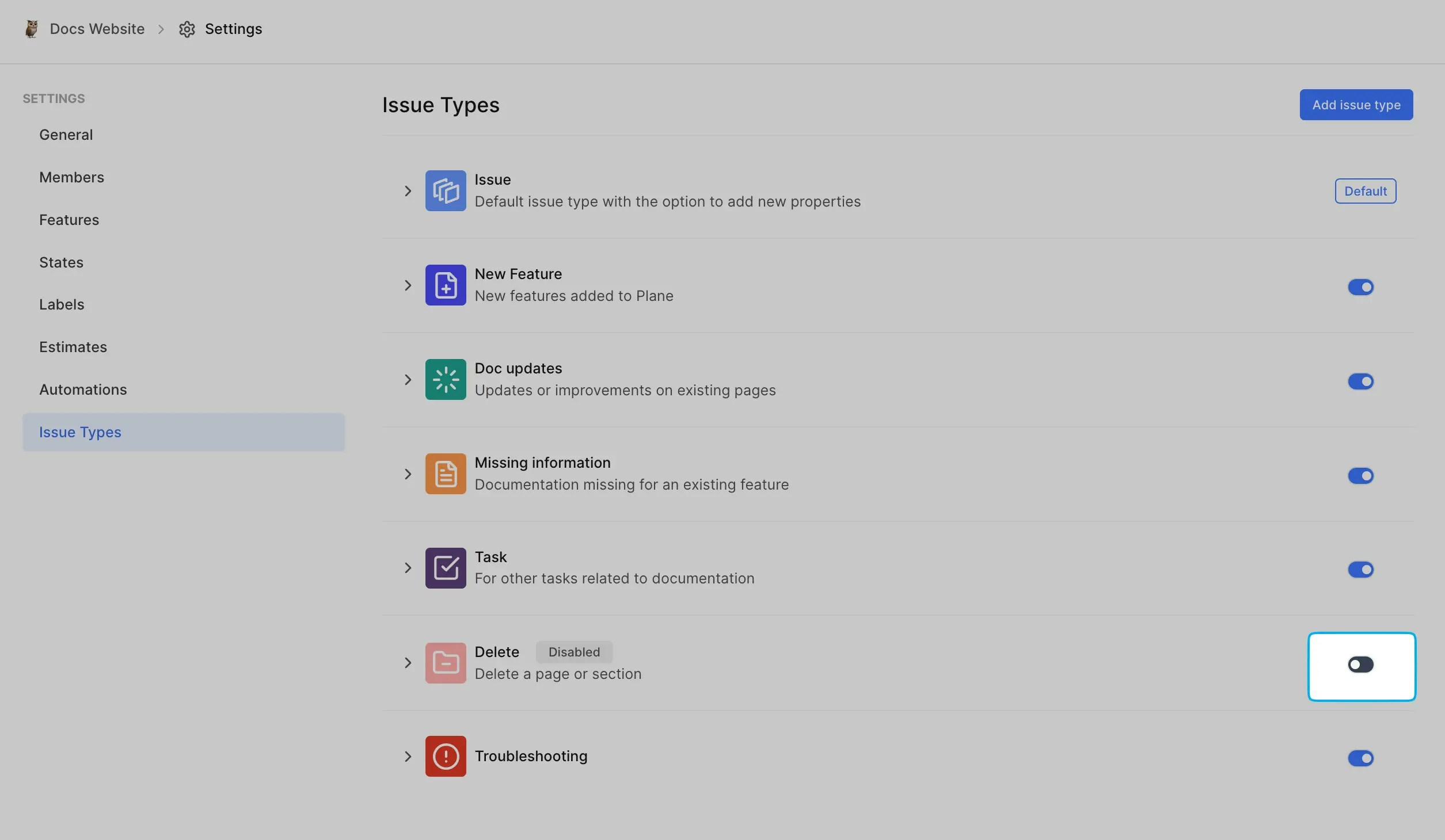 Disable work item types