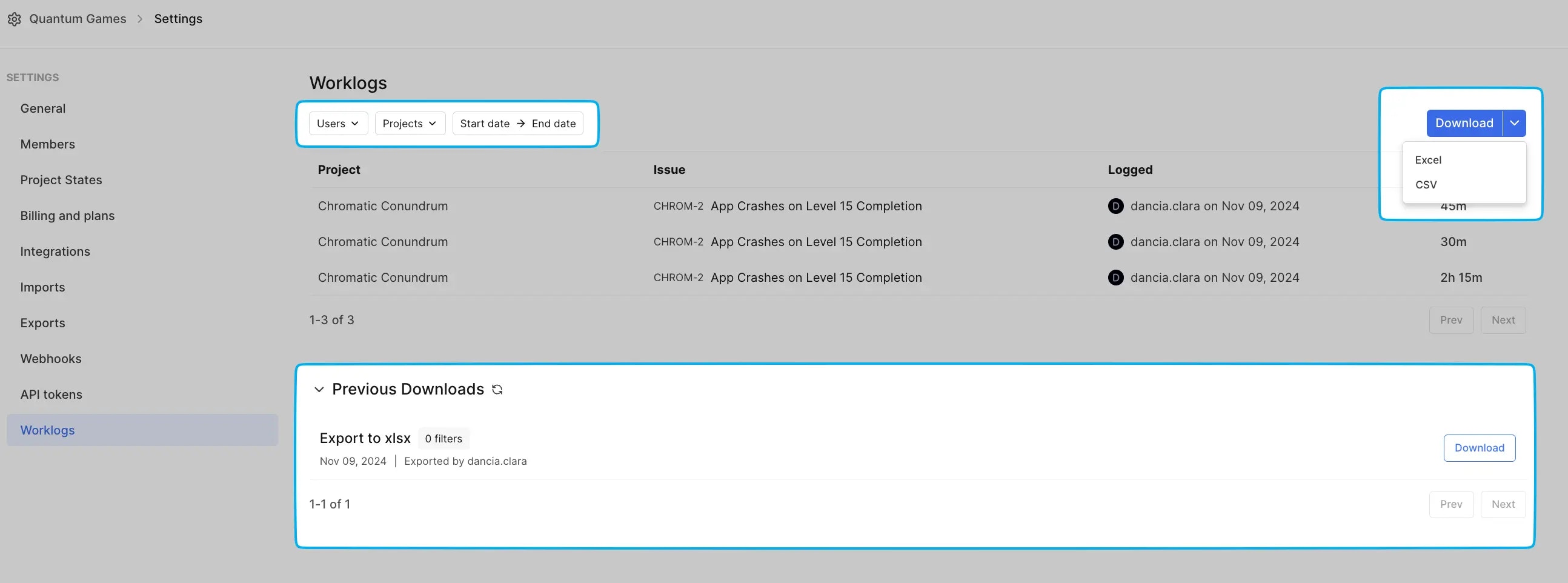 Filter and download worklogs