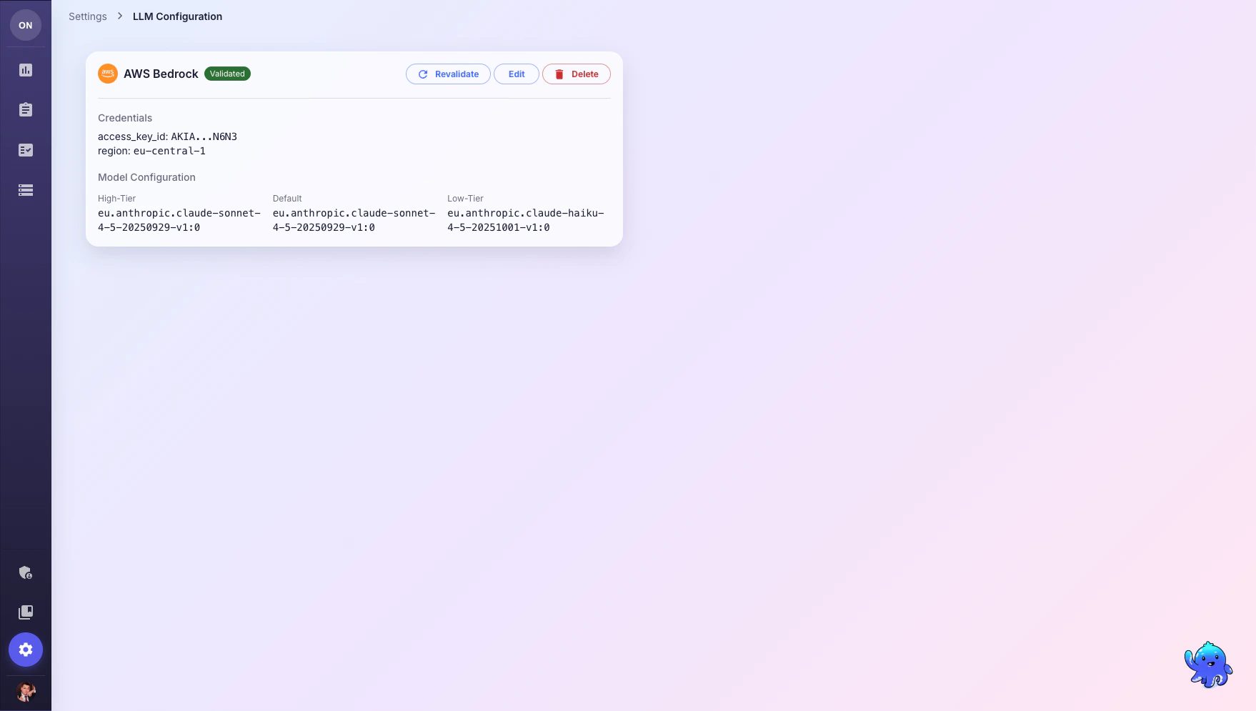 LLM Configuration page showing AWS Bedrock setup