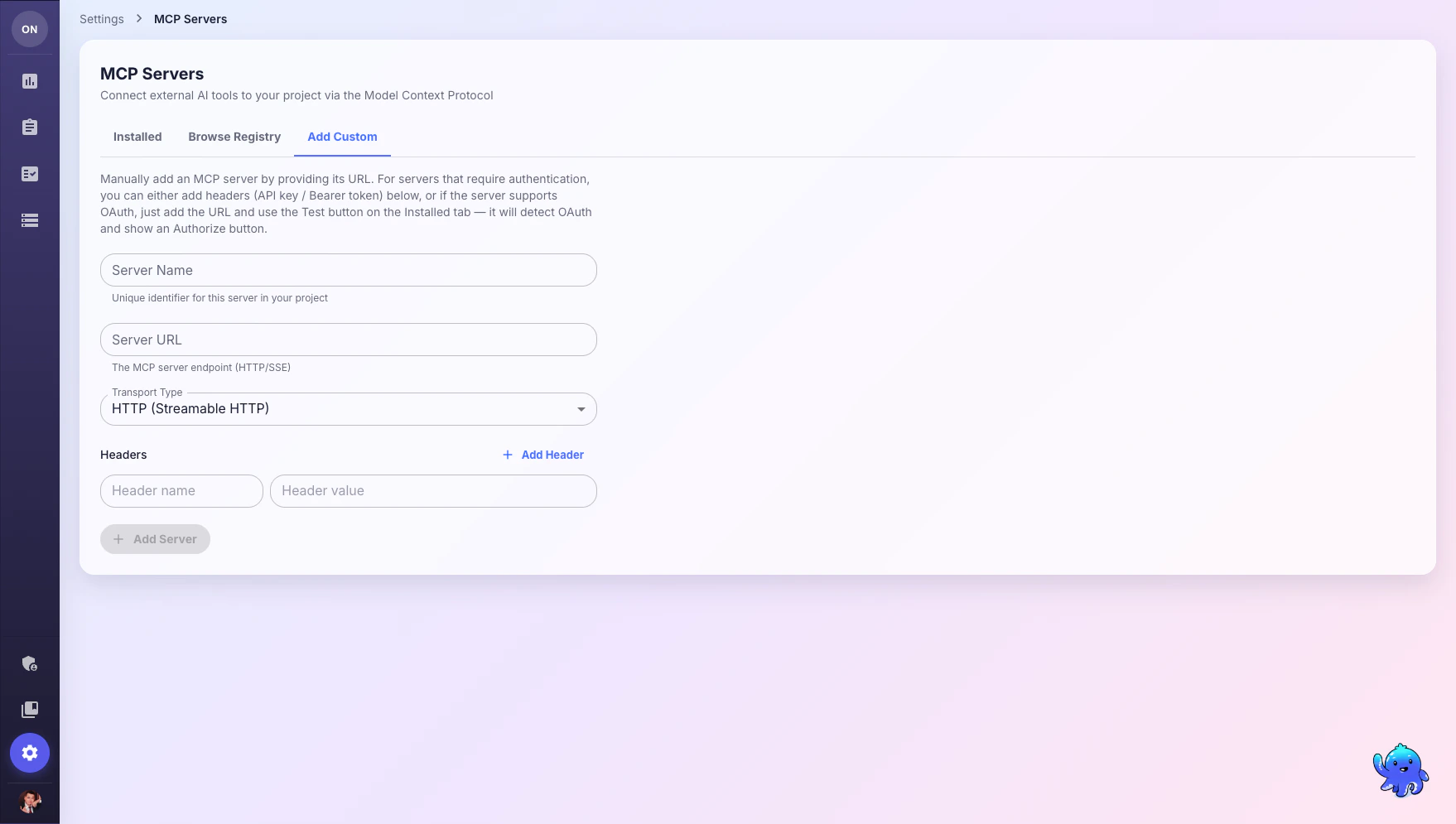 Add Custom MCP server form