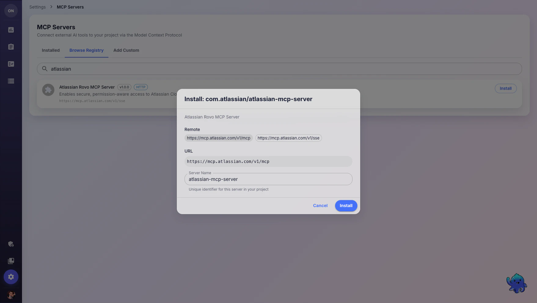 MCP server installation dialog