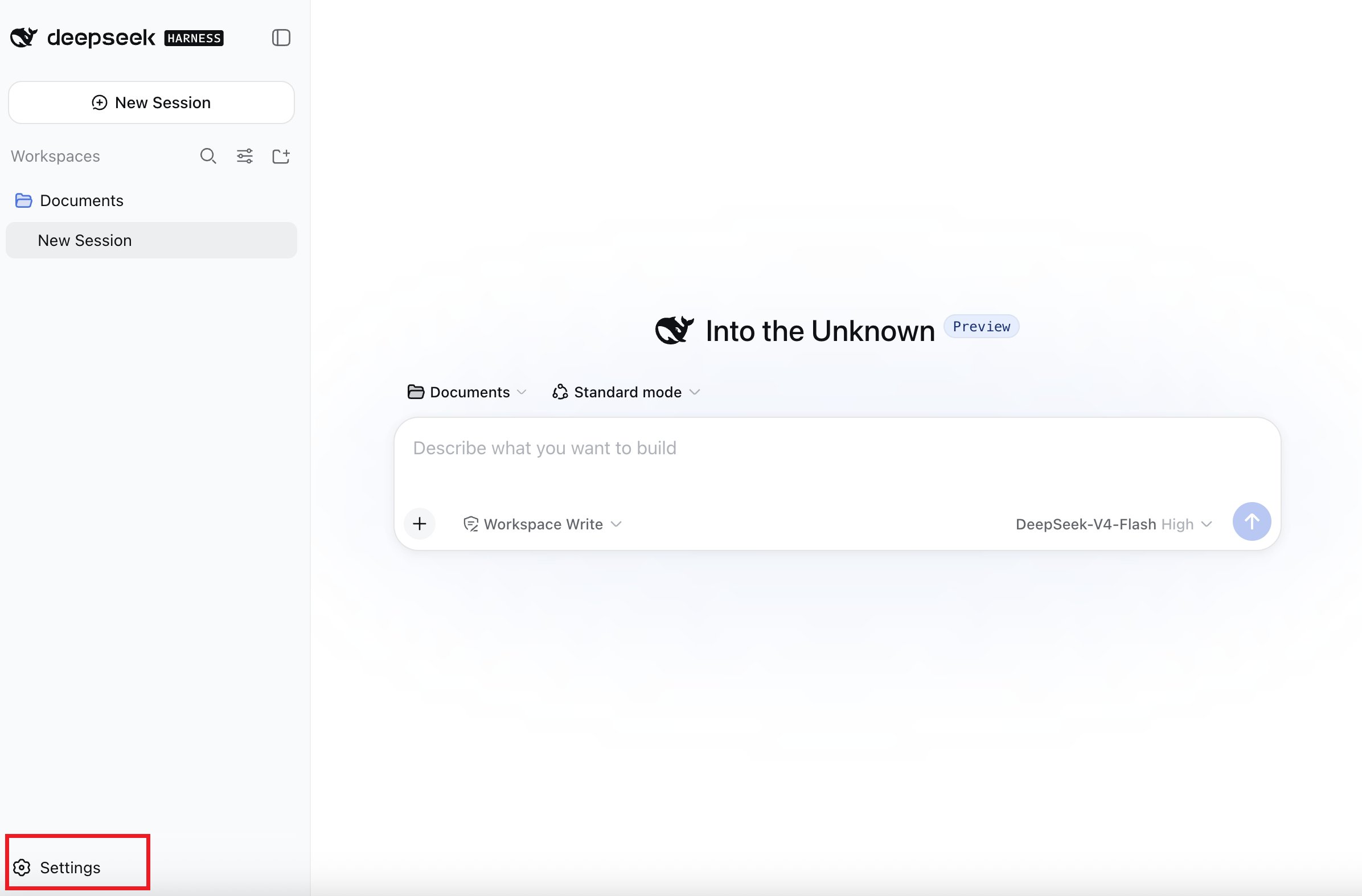 Settings entry on the DeepSeek Harness home page