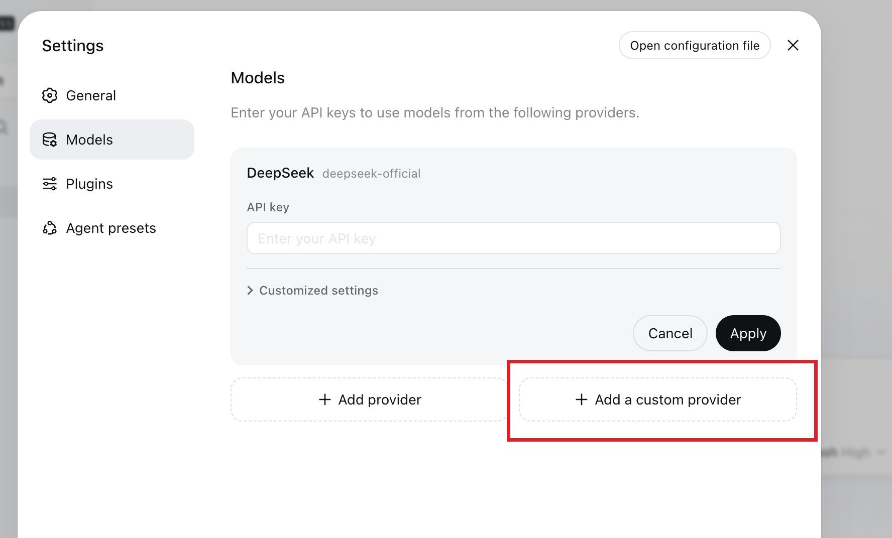 Add a custom provider button in DeepSeek Harness model settings