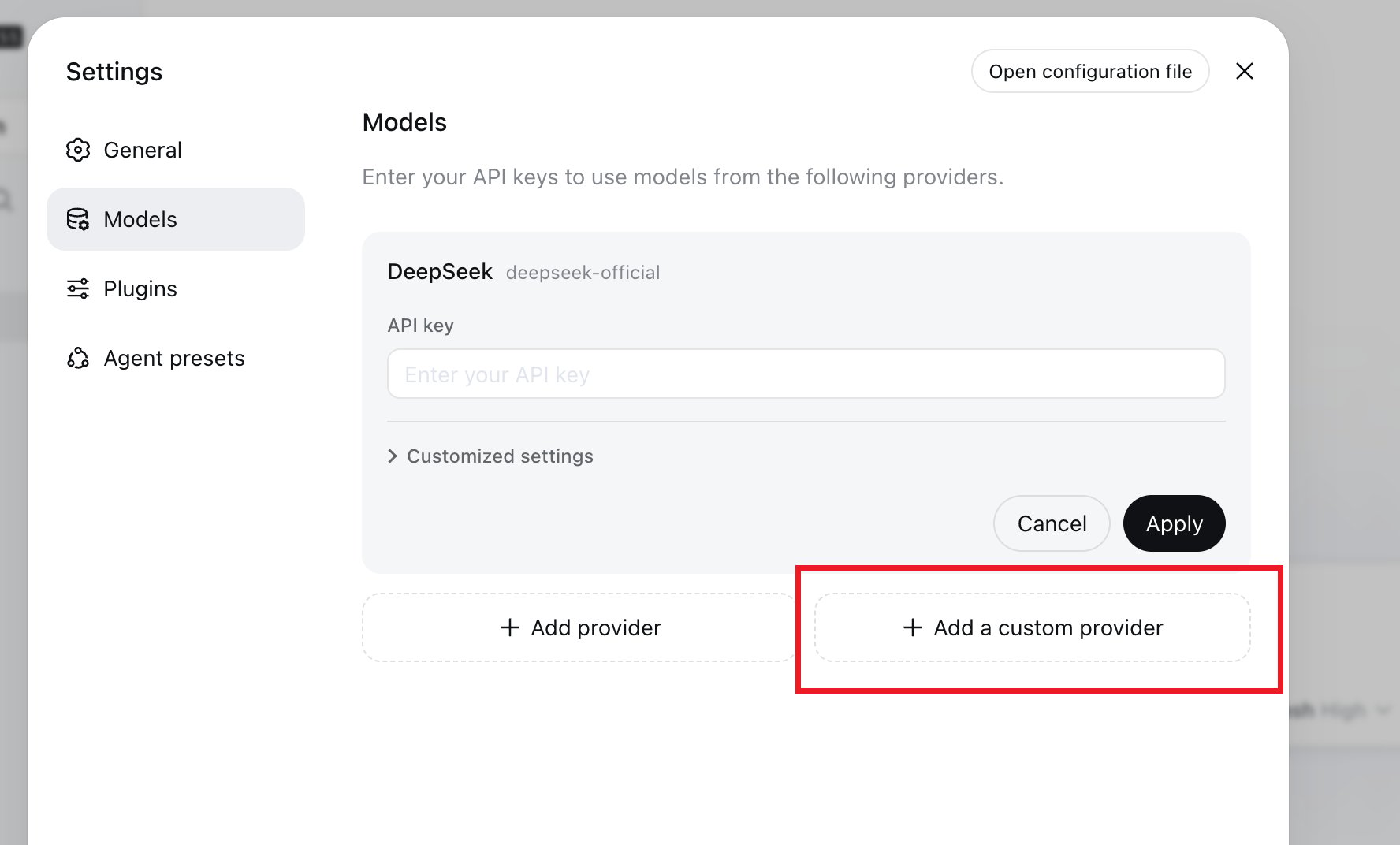 Add a custom provider button in DeepSeek Harness model settings