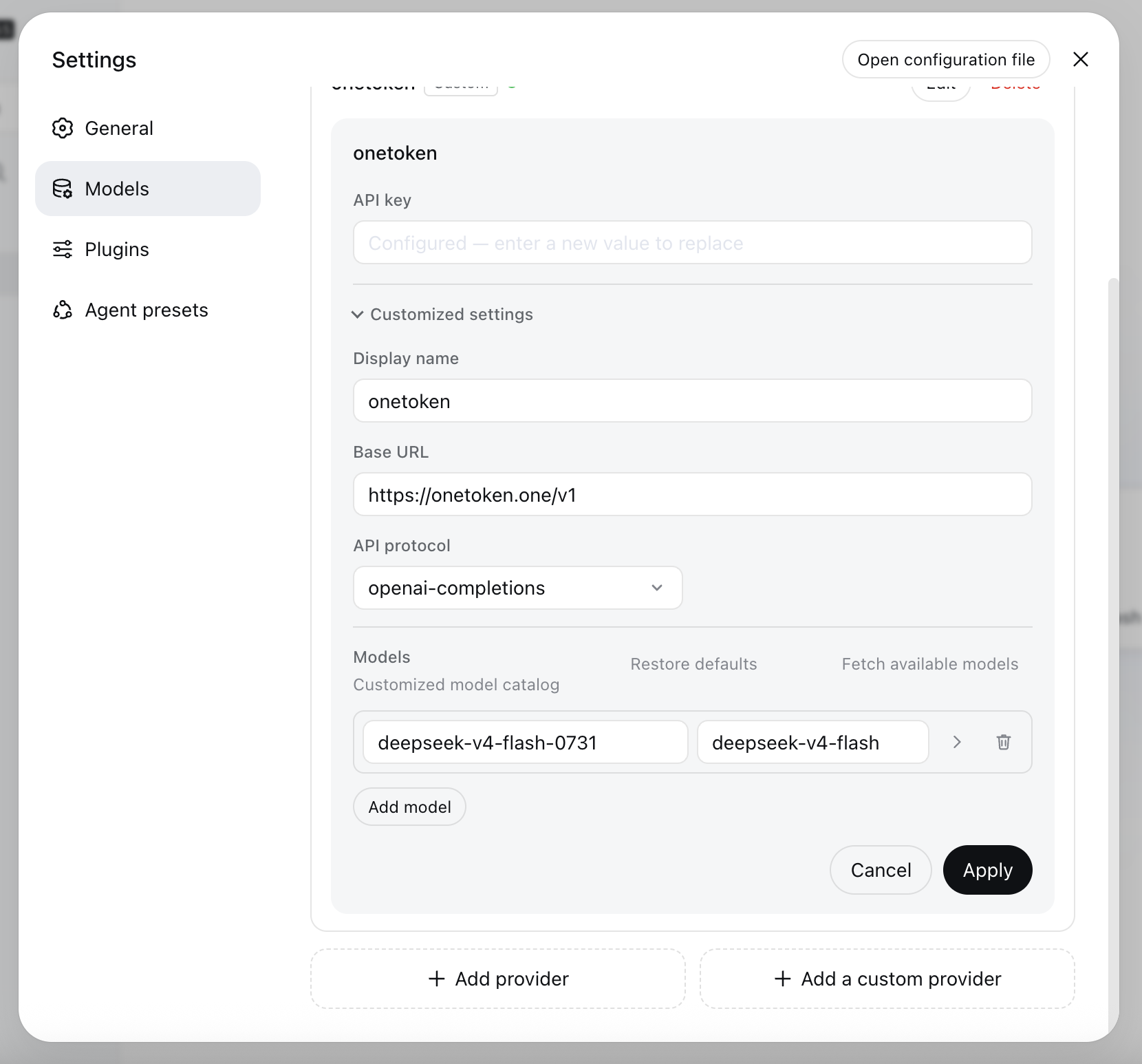 OneToken custom provider configuration in DeepSeek Harness