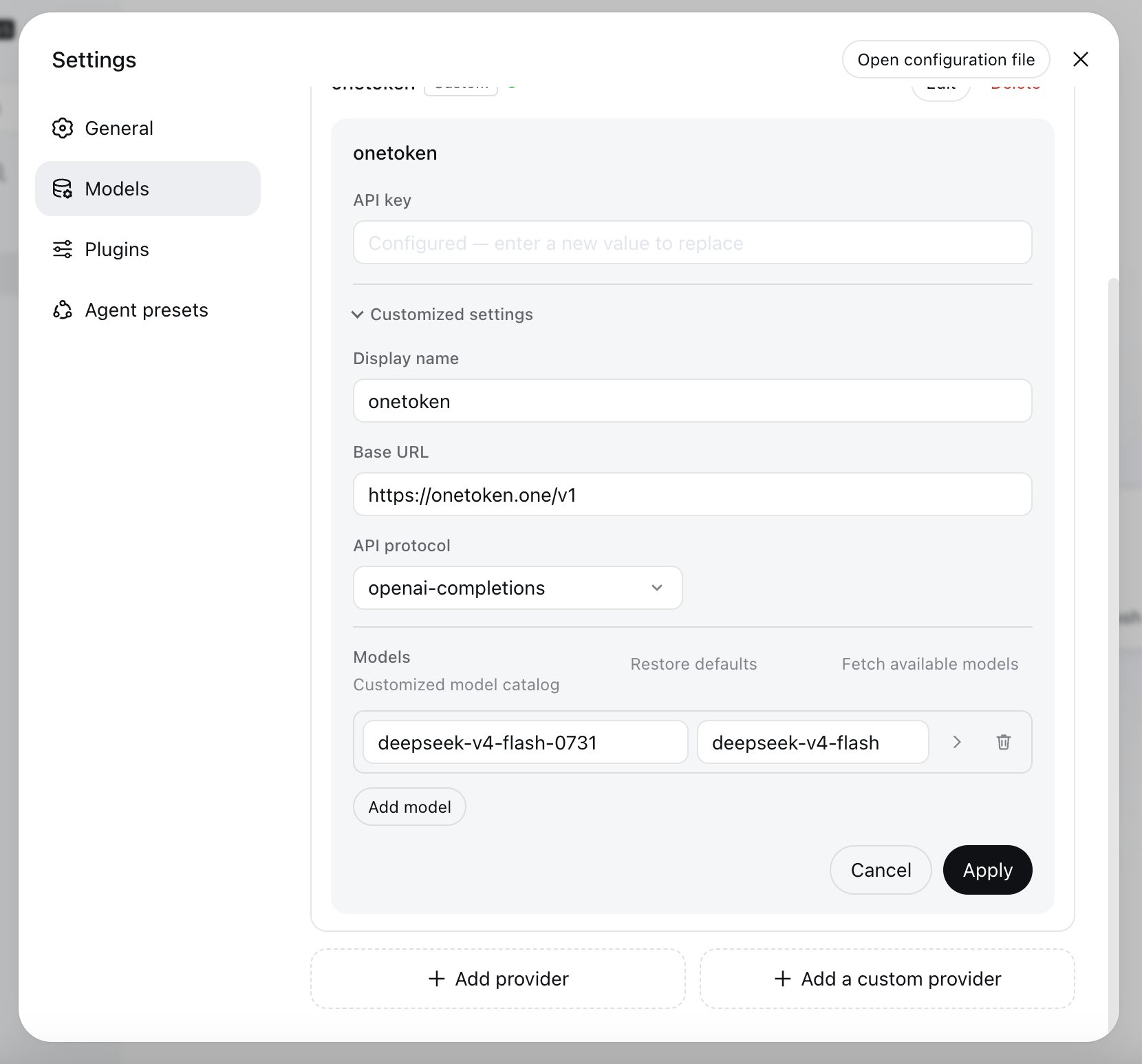 OneToken custom provider configuration in DeepSeek Harness
