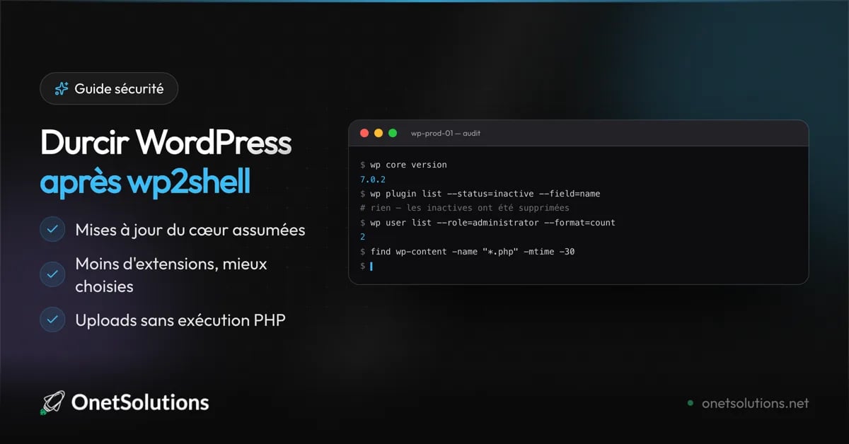 Durcir WordPress après wp2shell : mises à jour du cœur, moins d'extensions, uploads sans exécution PHP