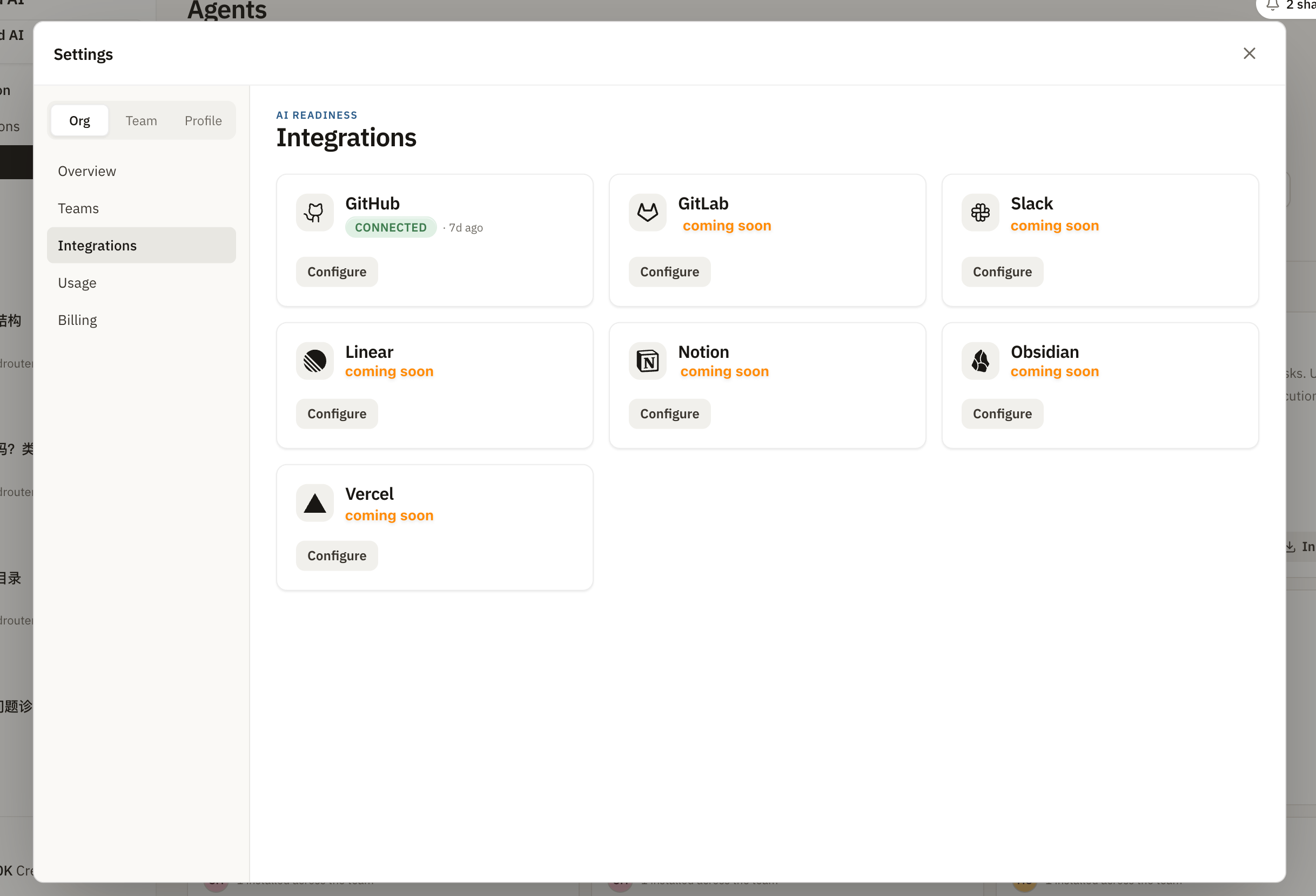 Integrations settings page
