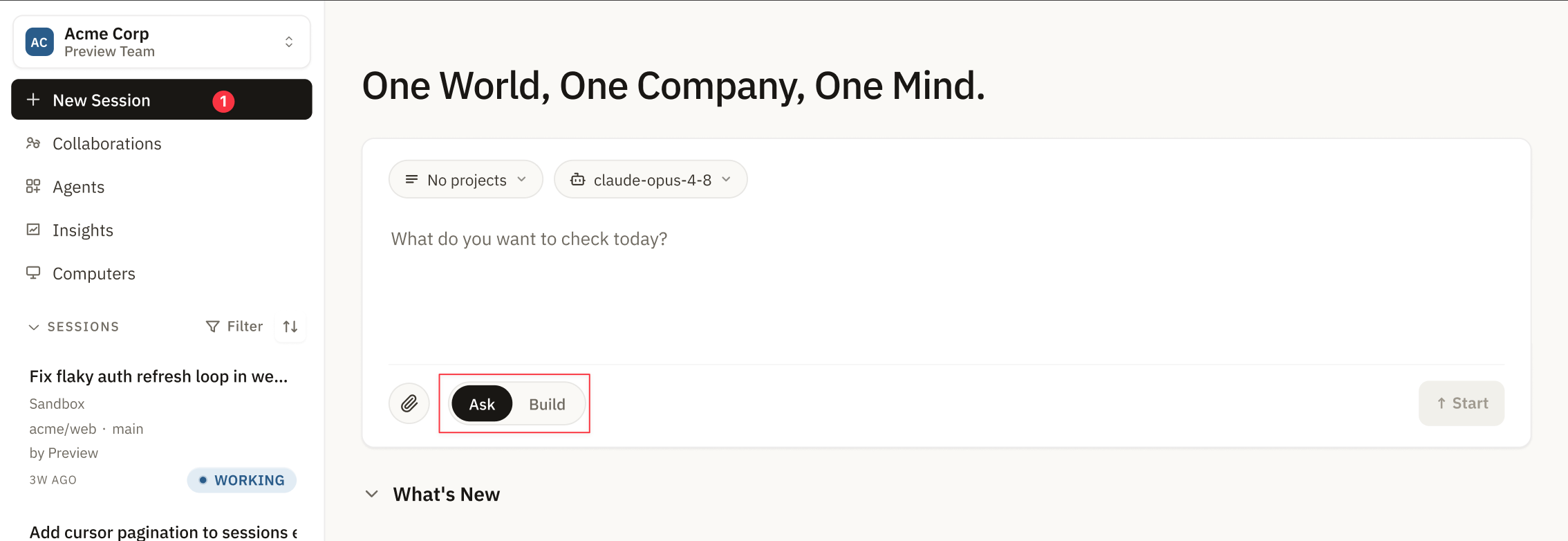 Ask mode selected without a project